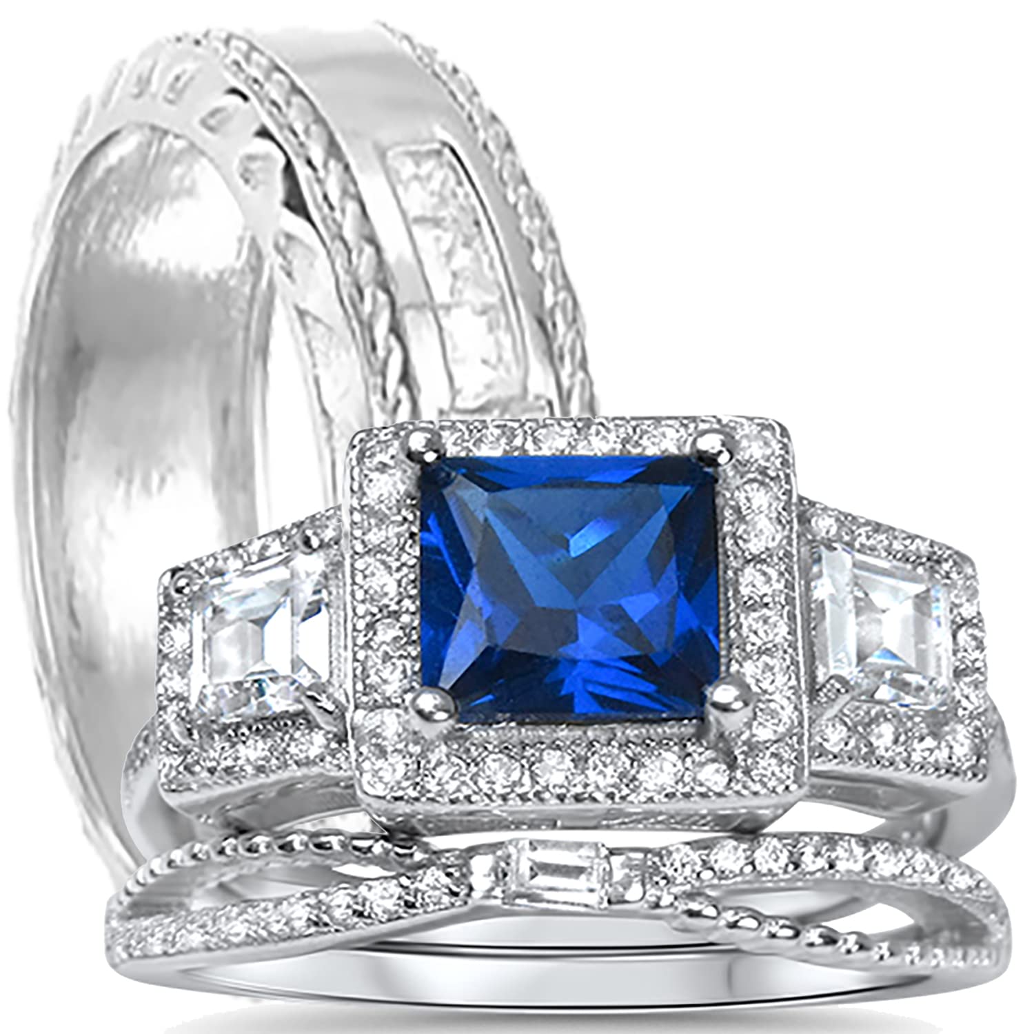 His & Her Sterling Silver Blue Sapphire & CZ Bridal Wedding Band Engagement Ring Set for Couples - Perfect for Anniversaries, Proposals & Romantic Occasions