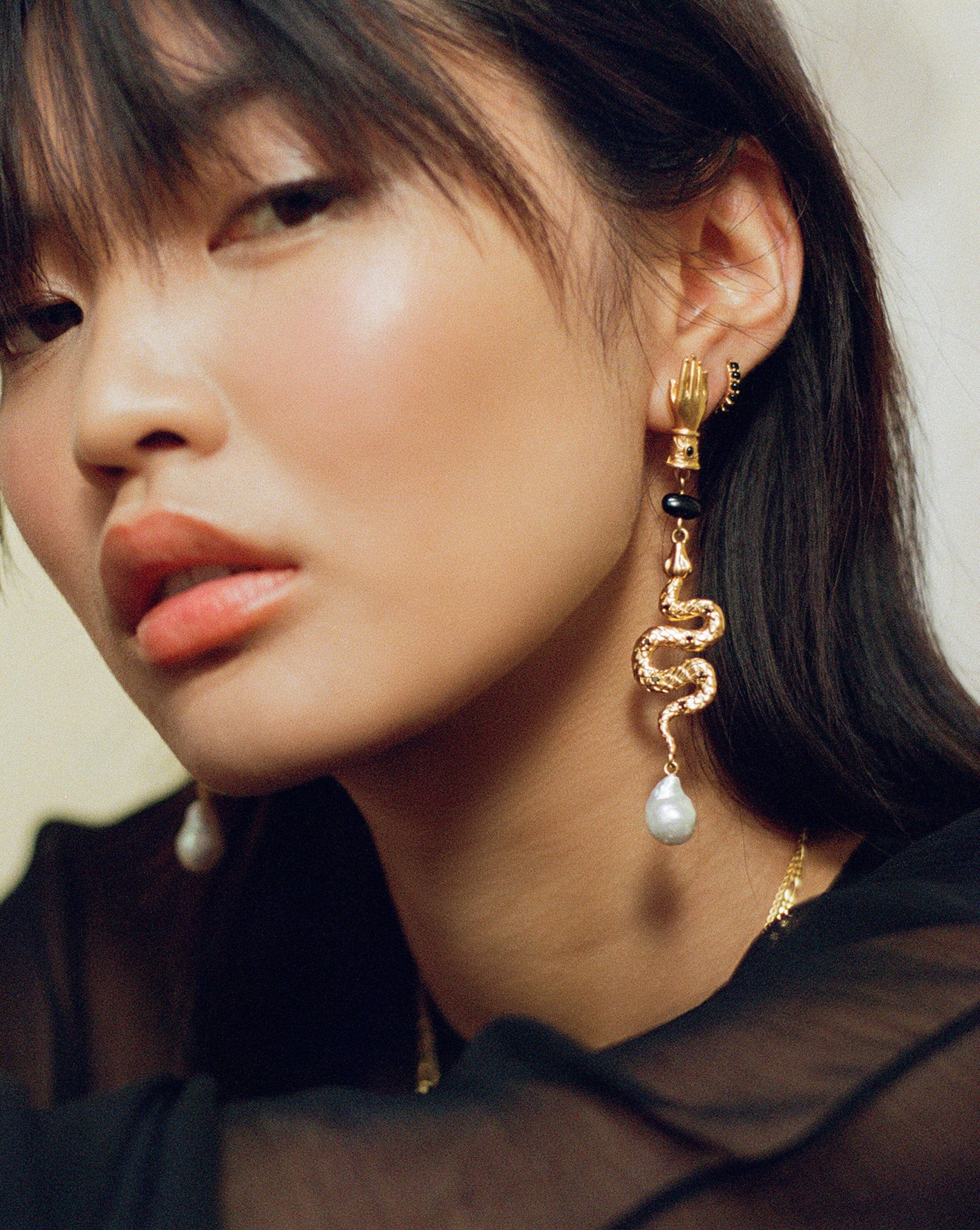 Harris Reed Handpicked Serpent Mismatch Earrings - 18k Gold Plated with Pearl & Black Onyx | Luxury Fashion Jewelry for Women, Perfect for Parties, Weddings & Special Occasions