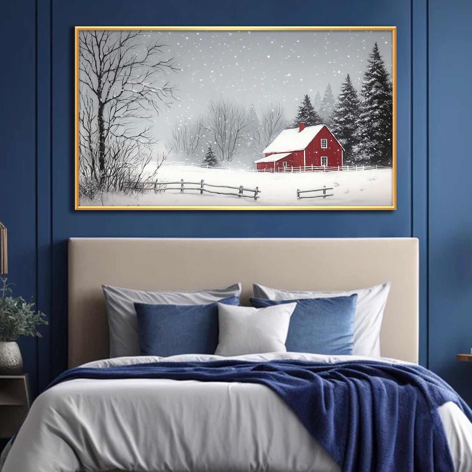 Farmhouse Winter Canvas Wall Art - Snowy Landscape with Red Barn & Trees - Gold Framed 23x13 inch (60x35cm) - Perfect for Living Room, Bedroom & Office Decor