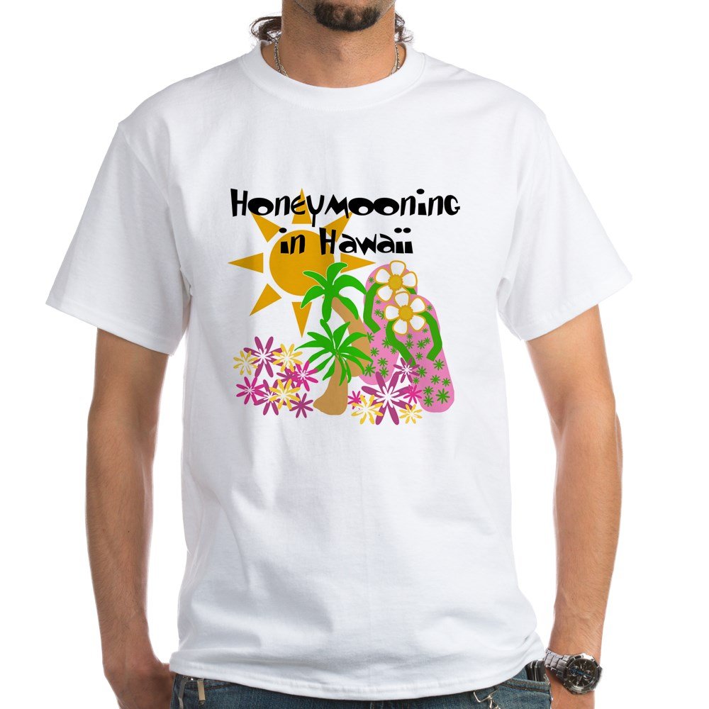 Honeymoon Hawaii White Cotton T-Shirt for Couples - Comfortable Vacation Shirt for Beach Getaways & Romantic Trips
