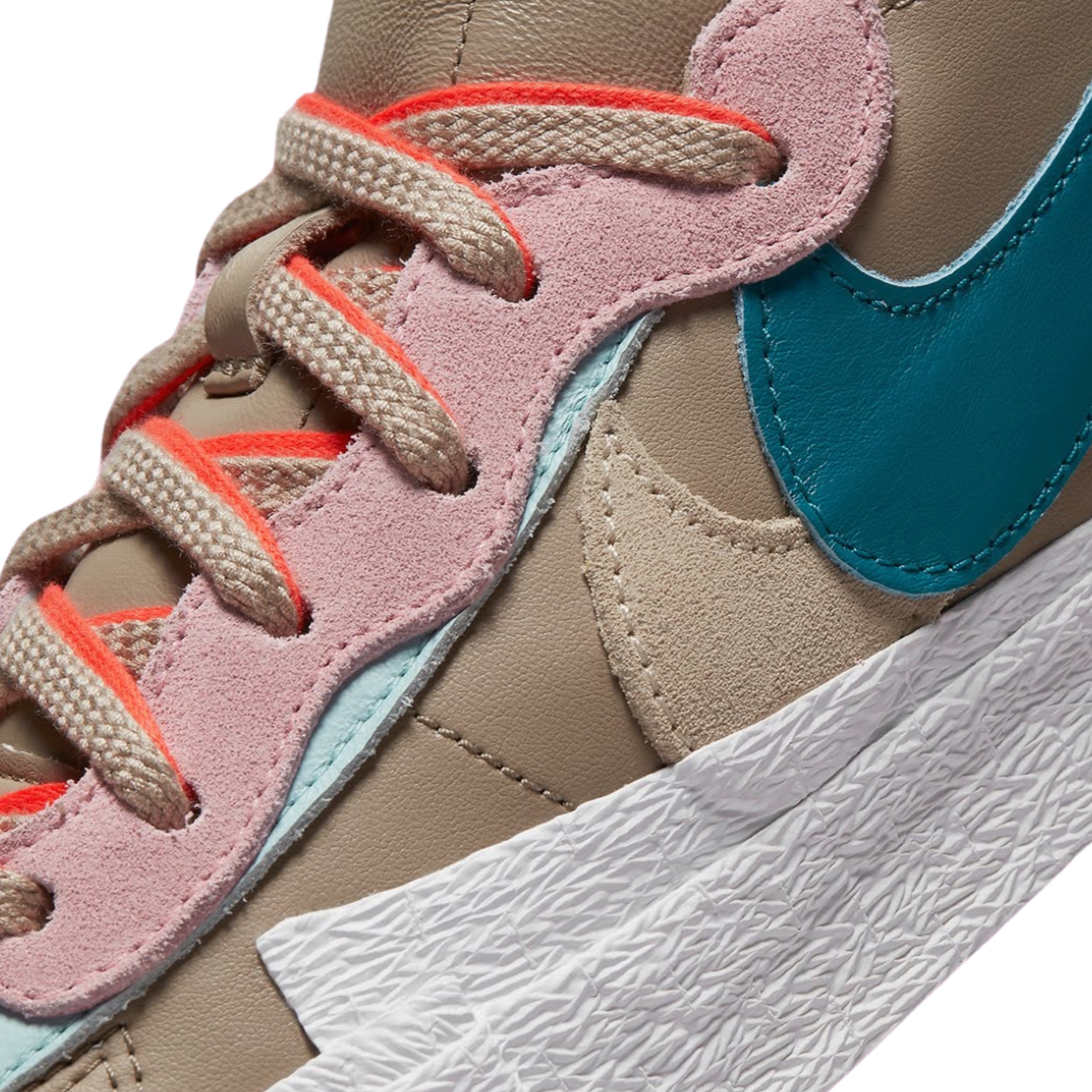 KAWS x Nike x Sacai Blazer Low Sneakers - Reed Bright Spruce White Colorway - Limited Edition Collab Shoes for Streetwear & Sneaker Collectors | Perfect for Casual Wear, Sneakerhead Collections & Urban Fashion