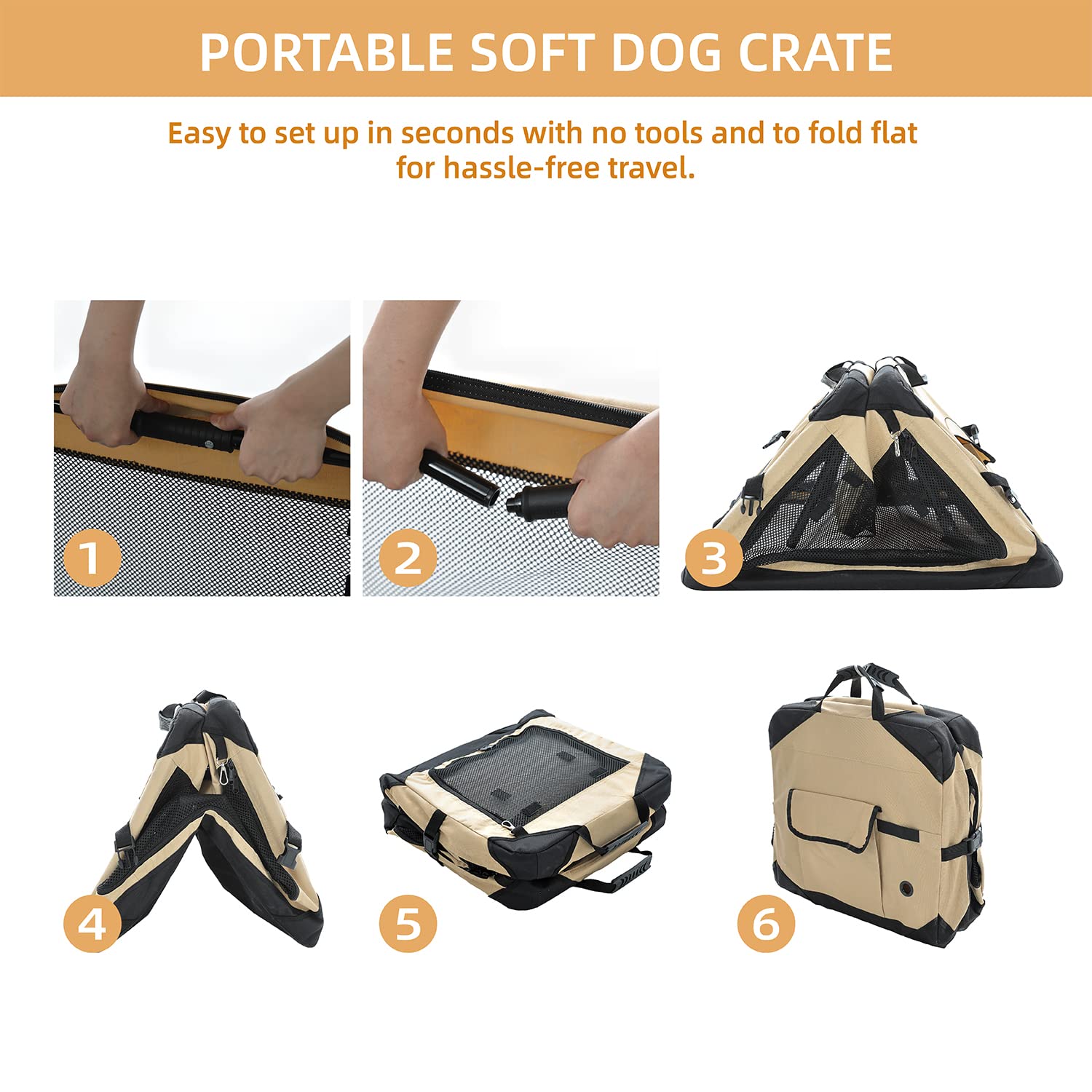 Pettycare 36 Inch Collapsible Dog Crate for Large Dogs - 4-Door Foldable Soft Kennel with Chew Proof Mesh Windows | Indoor & Outdoor Travel Crate for Home, Car, Camping & Vet Visits | Beige Soft-Sided Dog Crate