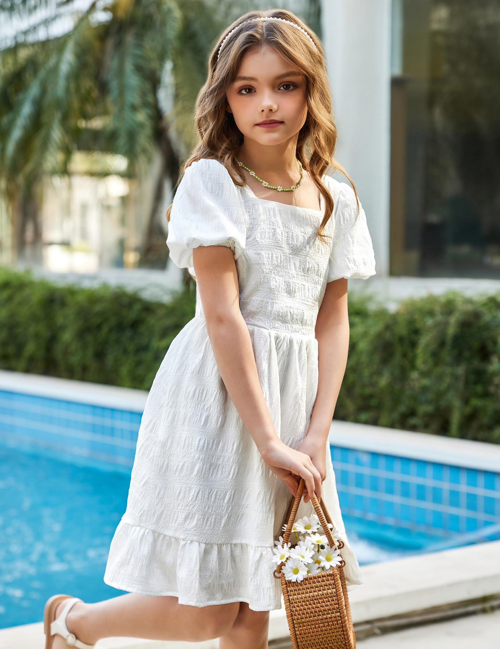 Arshiner Girls Backless Summer Dress - Short Sleeve Square Neck Ruffle Hem Elegant Party Dress for Kids | Perfect for Birthday, Wedding & Special Occasions