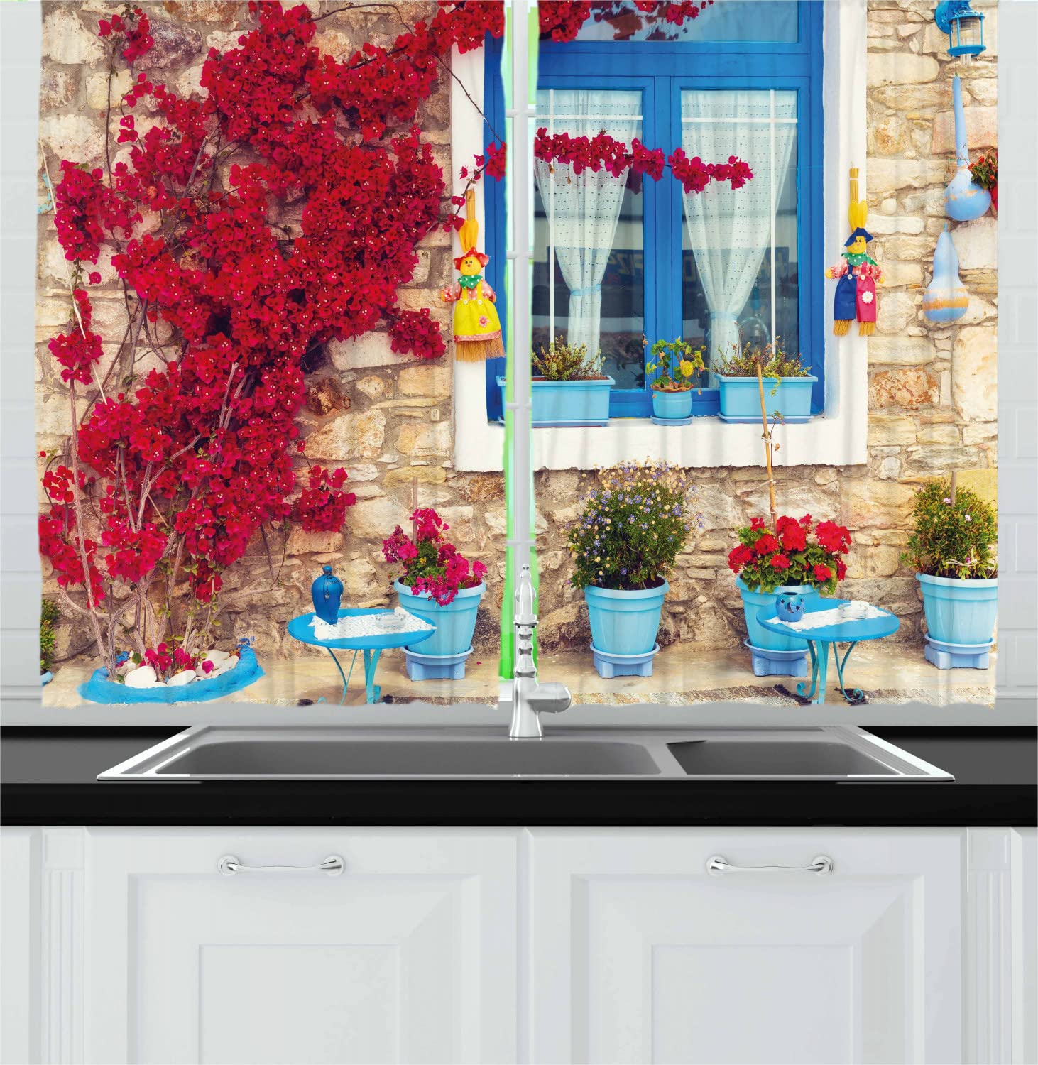 Ambesonne Coastal Long Kitchen Curtains - Mediterranean Style Greek Windows Print Drapes with Rod Pocket, 55