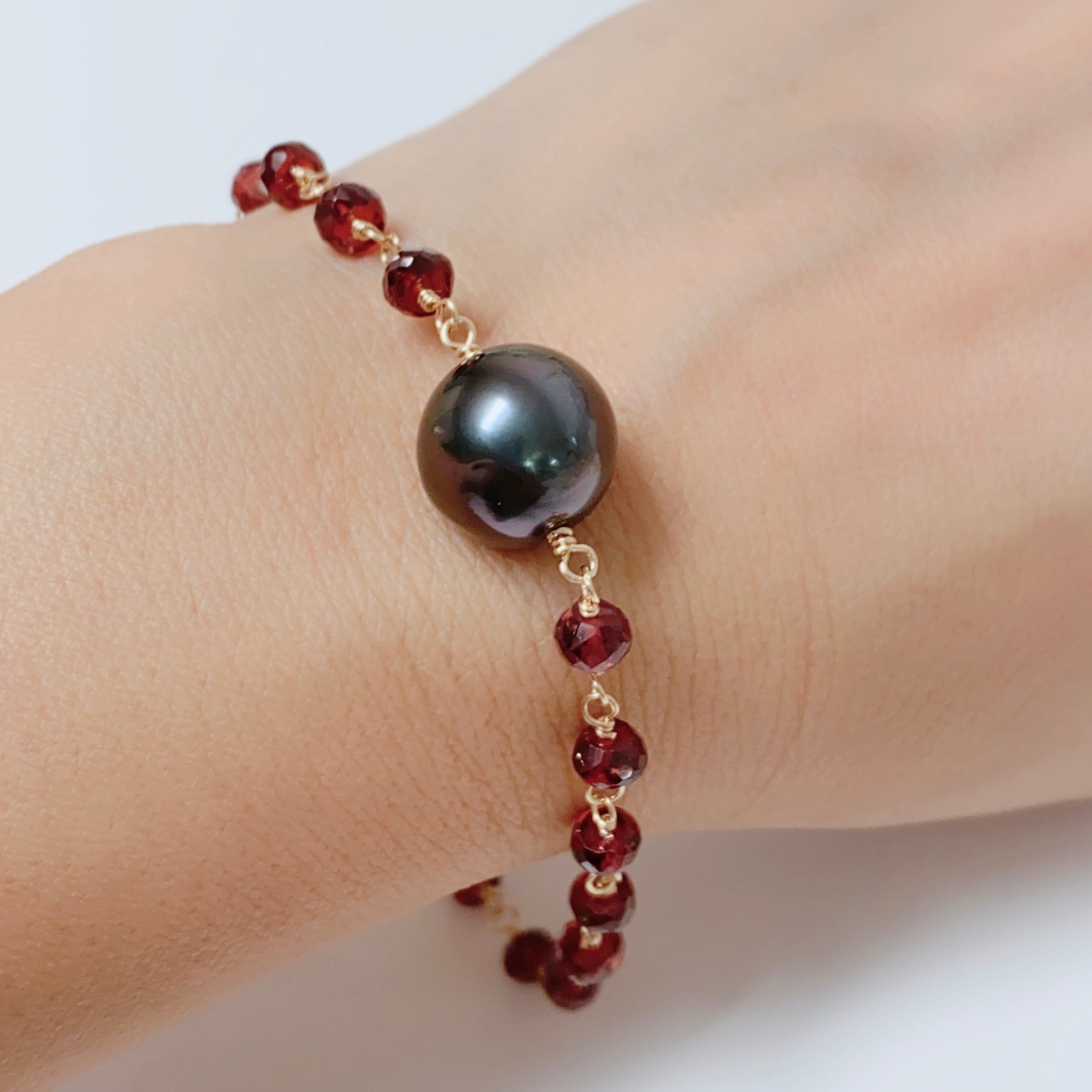 B444 Tahitian Pearl & Garnet Necklace by Maili - Elegant Jewelry for Women, Perfect for Weddings, Parties & Special Occasions