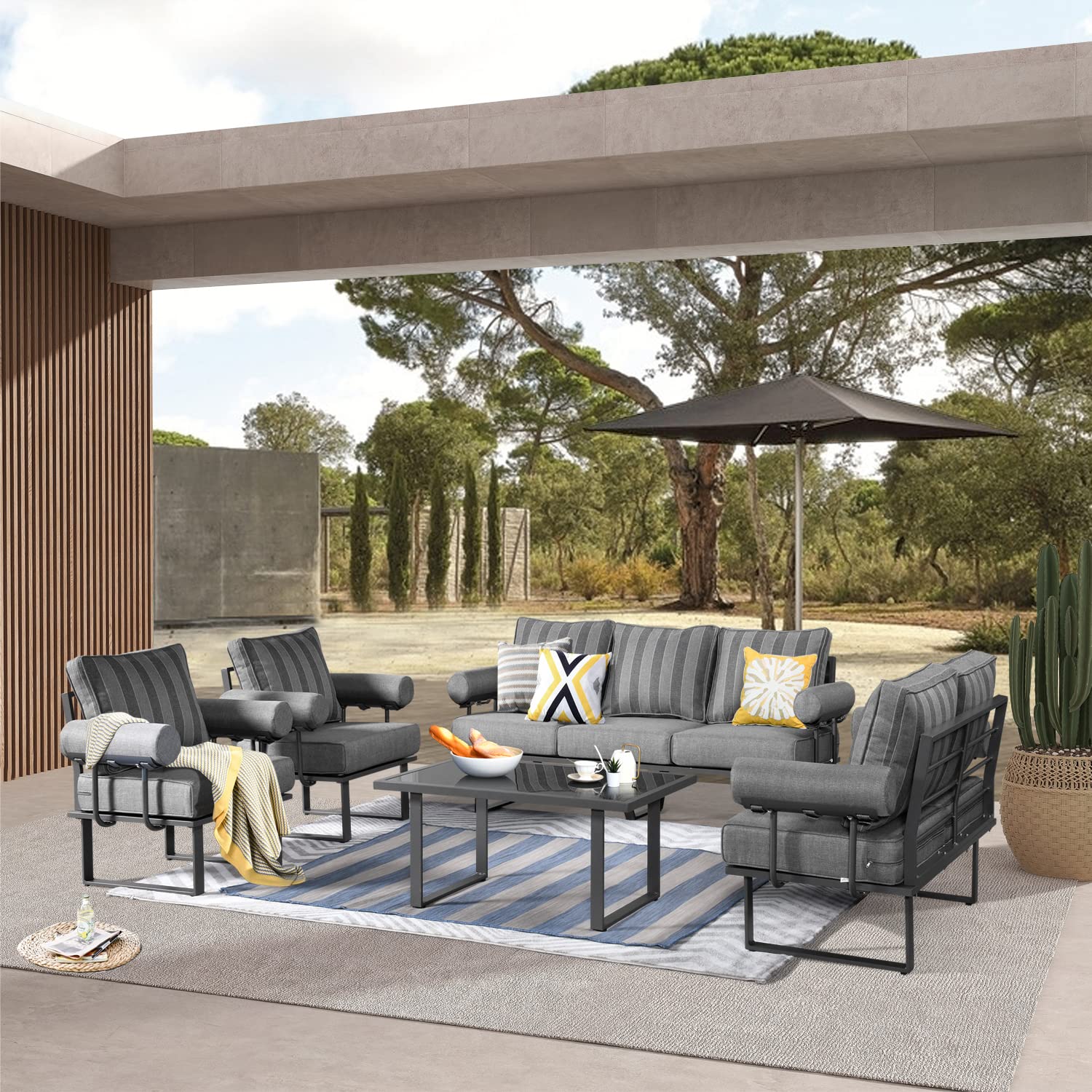 5-Piece Outdoor Patio Furniture Set - Modern Aluminum All-Weather Conversation Sofa with Cushioned Armrests & Coffee Table, Grey Stripe - Perfect for Backyard, Garden, Poolside & Patio Relaxation