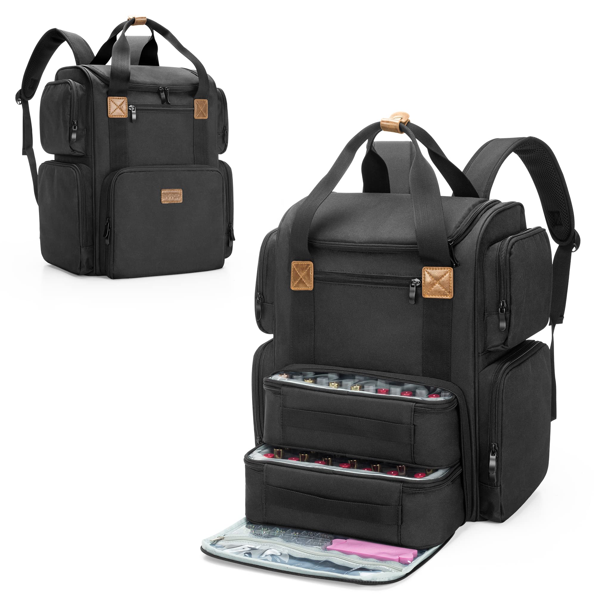 BAFASO Professional Nail Polish Organizer Backpack - Holds 70 Bottles & Nail Lamp, 2 Removable Pouches, Laptop Sleeve (Patented Design) - Perfect for Mobile Nail Technicians & Salon Professionals - Black