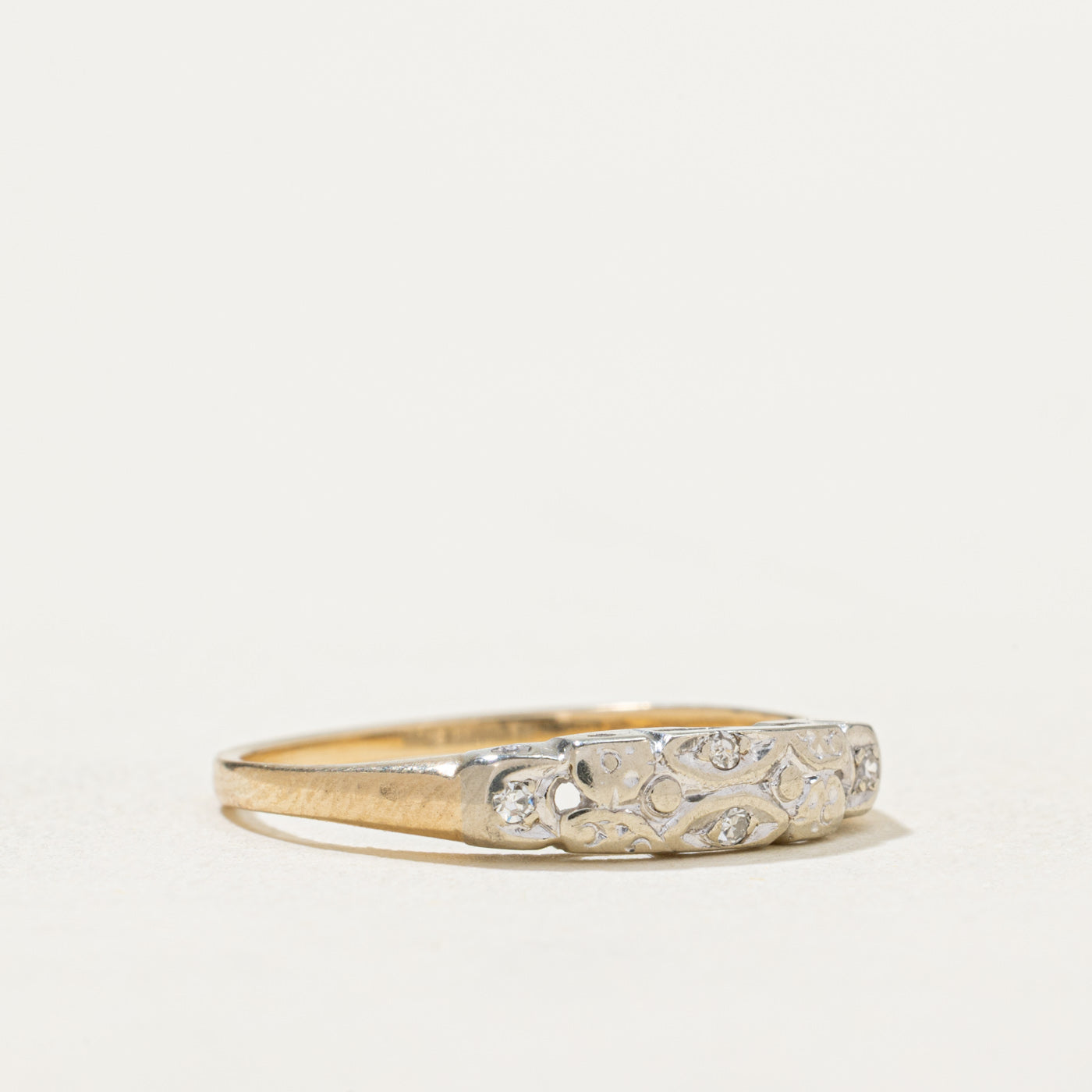 14K & Platinum Diamond Textured Ring for Women | 0.02ctw | Size 6.5 | Elegant Stackable Band for Wedding, Anniversary & Everyday Wear