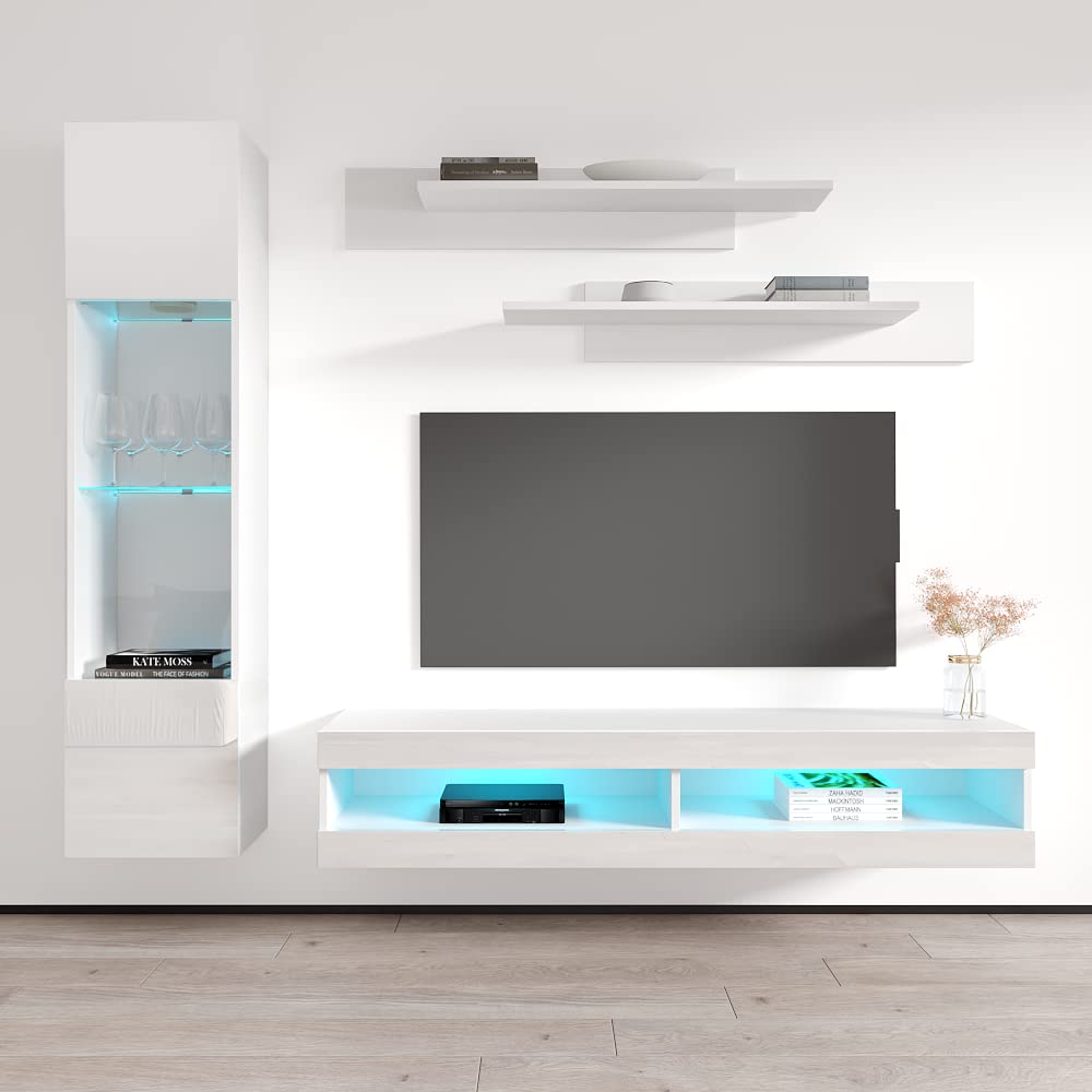 Modern White Wall-Mounted TV Stand with Storage Shelves & LED Lights - Floating Entertainment Center Console for Bedroom & Living Room - Perfect for Small Spaces & Home Theater Setup - Meble Furniture Fly G3 34TV Stand
