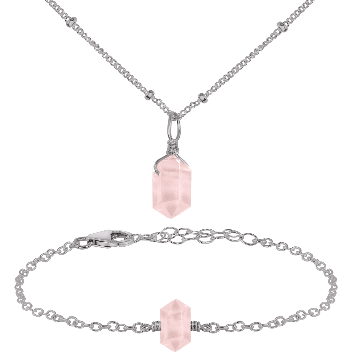 Rose Quartz Double Terminated Crystal Jewelry Set - Healing Stone Necklace & Earrings for Women - Perfect for Meditation, Energy Healing & Spiritual Gifts