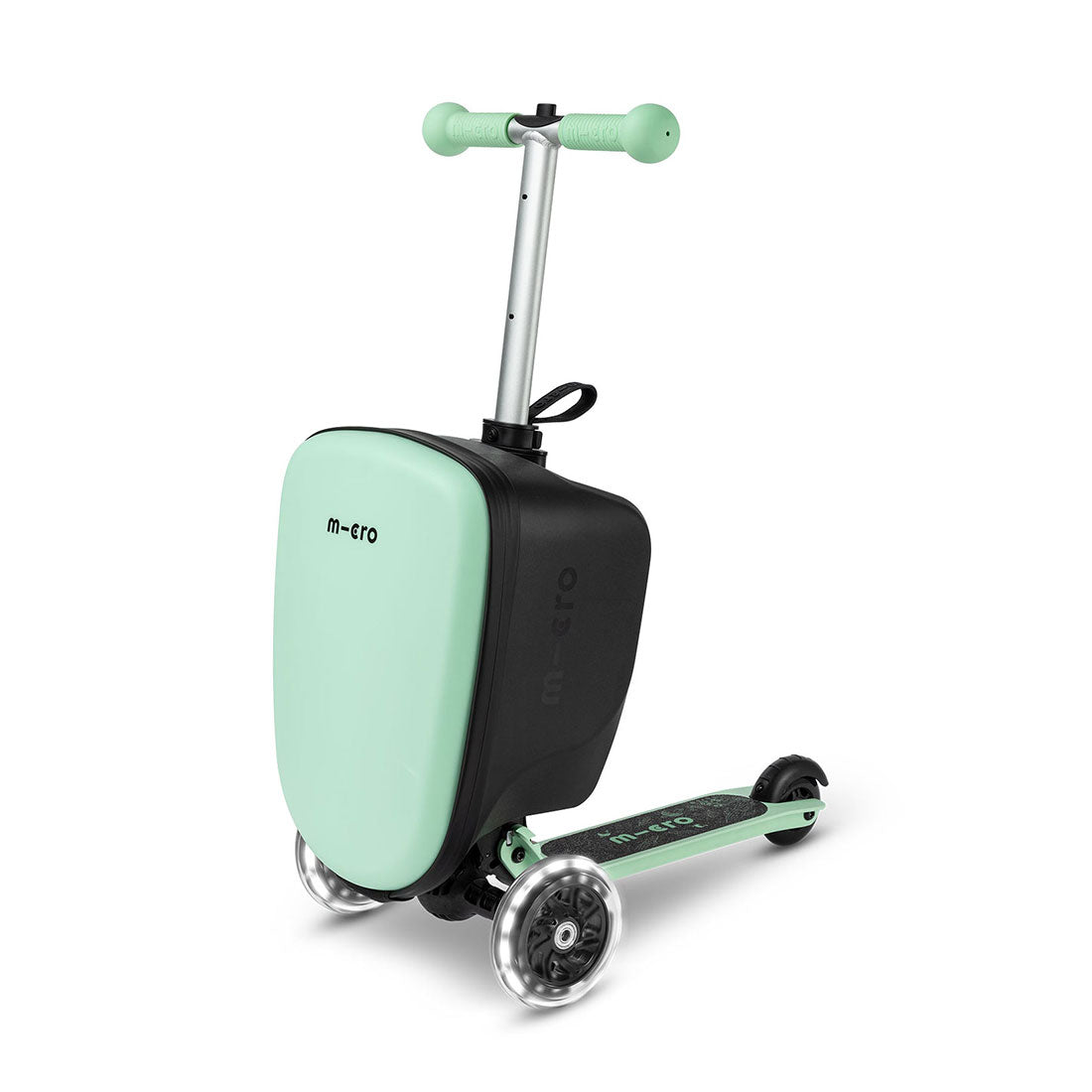 Micro Junior Luggage Scooter for Kids - Mint Green Lightweight Foldable Travel Scooter - Perfect for Airports, Malls & Family Vacations