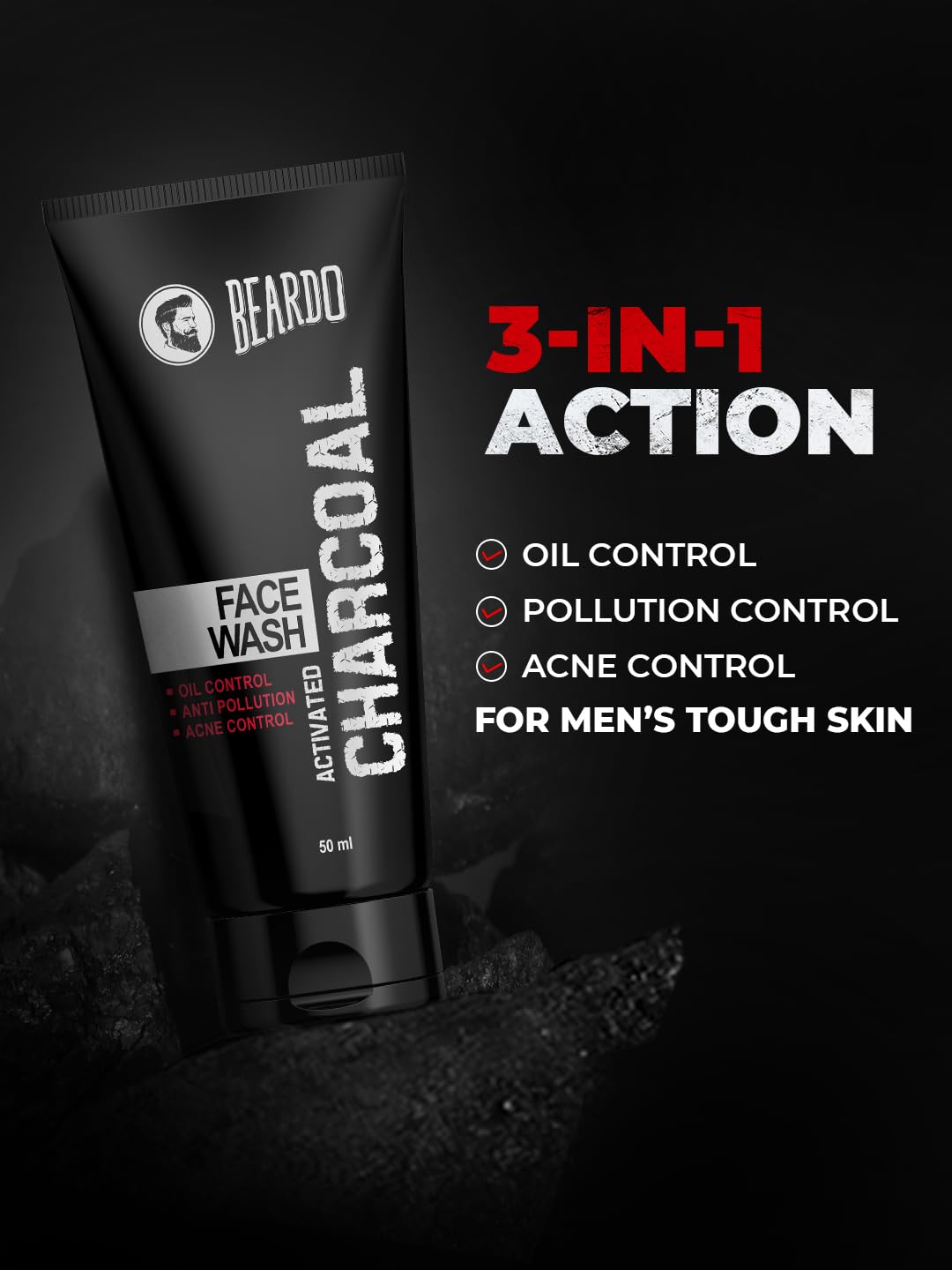 Beardo Activated Charcoal Face Wash for Men - 50ml | Deep Pore Cleanser for Acne, Pimples & Oily Skin | Detoxifying & Dirt Removing Formula | Perfect for Daily Skincare & Post-Workout Cleansing
