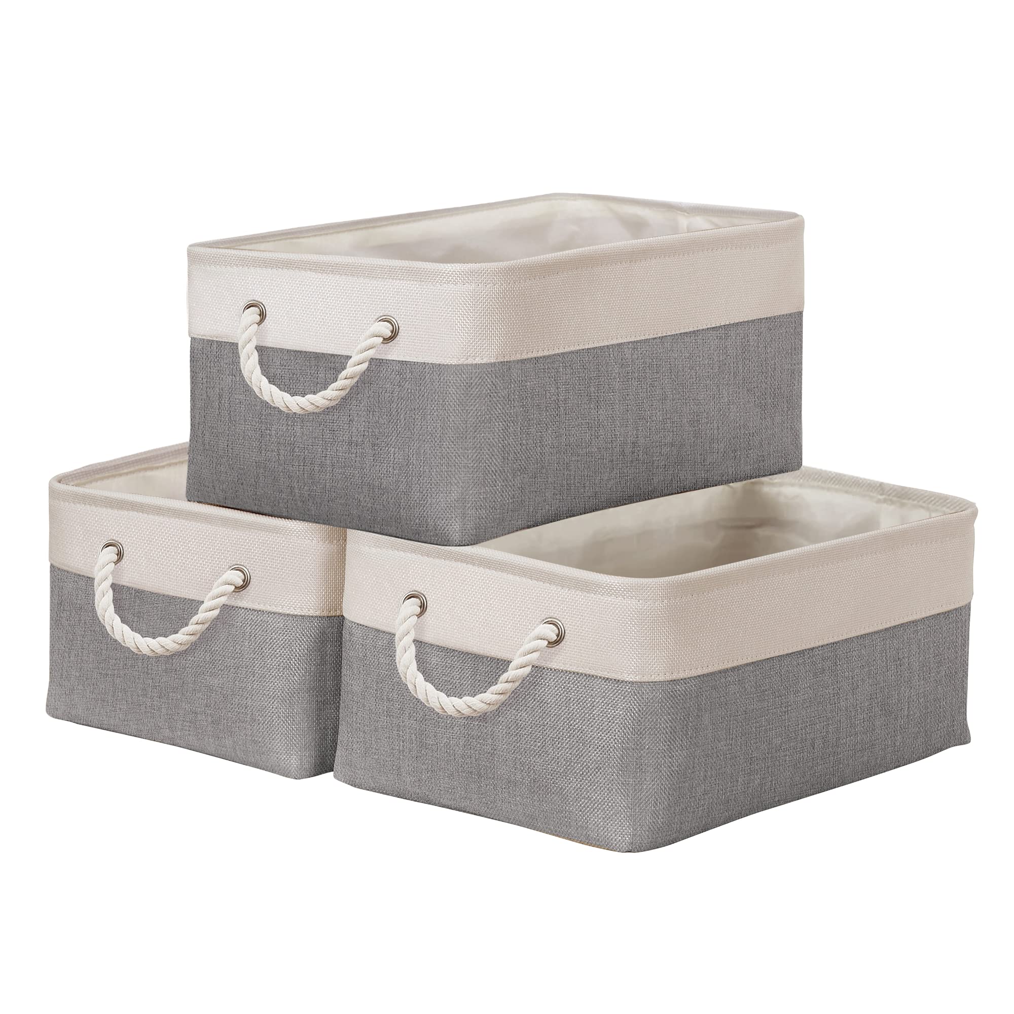 DECOMOMO Foldable Fabric Storage Bins with Handles - 3-Pack Medium Closet Organizer Baskets for Shelves, Bathroom, Nursery | Durable Grey & White Storage Containers for Home Organization & Space Saving