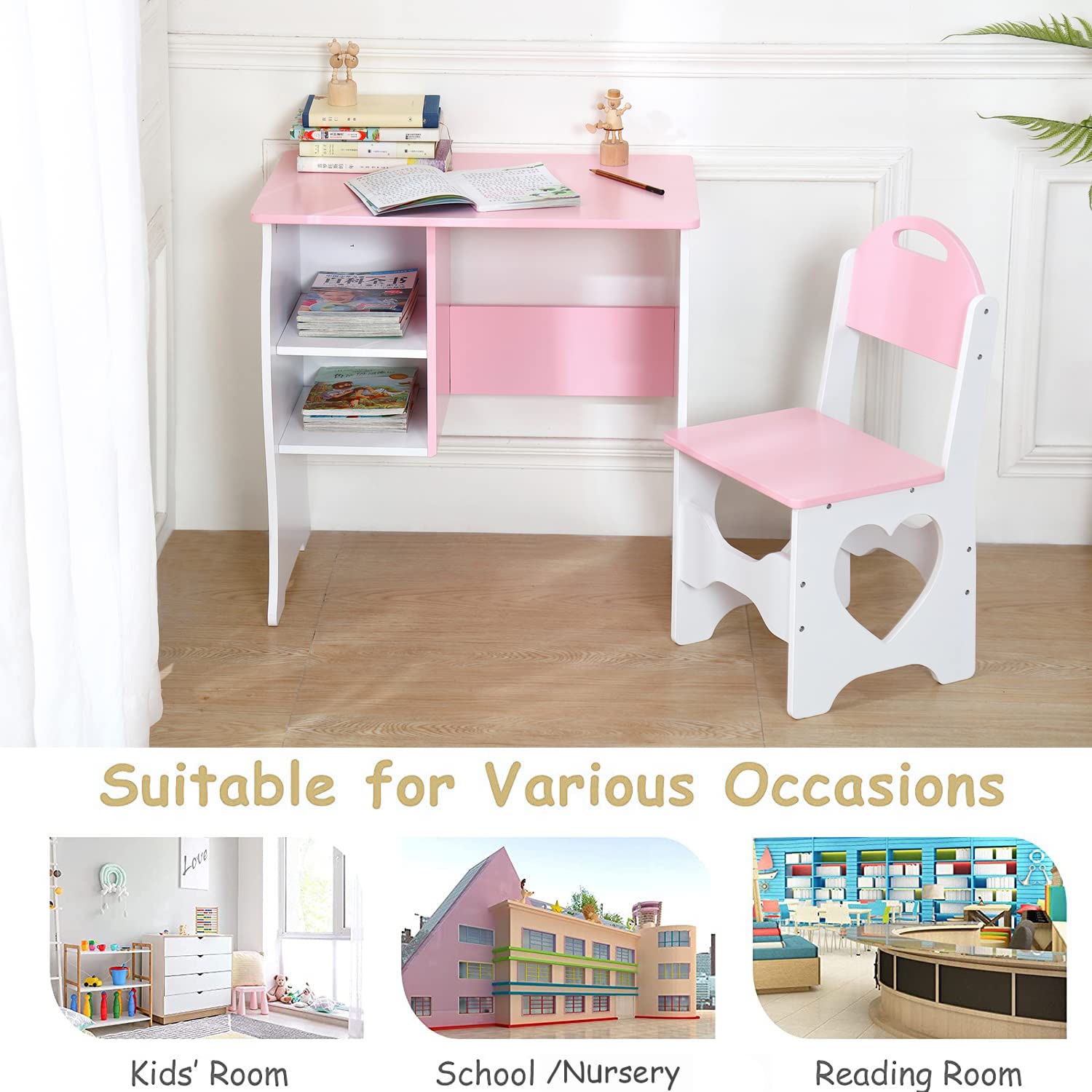 Kids Study Desk and Chair Set with Storage Shelf - Wooden School Table for Homeschooling, Writing & Learning - Perfect for Bedroom, Playroom & Home Classroom (Pink & White)
