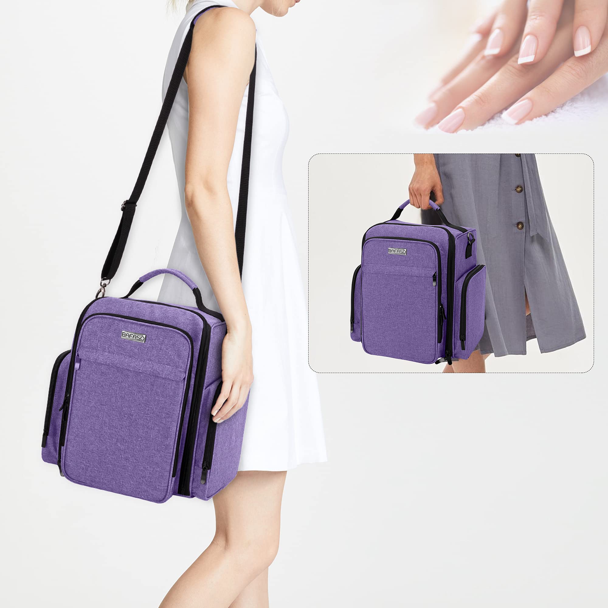 BAFASO 48 Bottle Nail Polish Organizer with Lamp & Pouches - Purple for Salon & Home Use