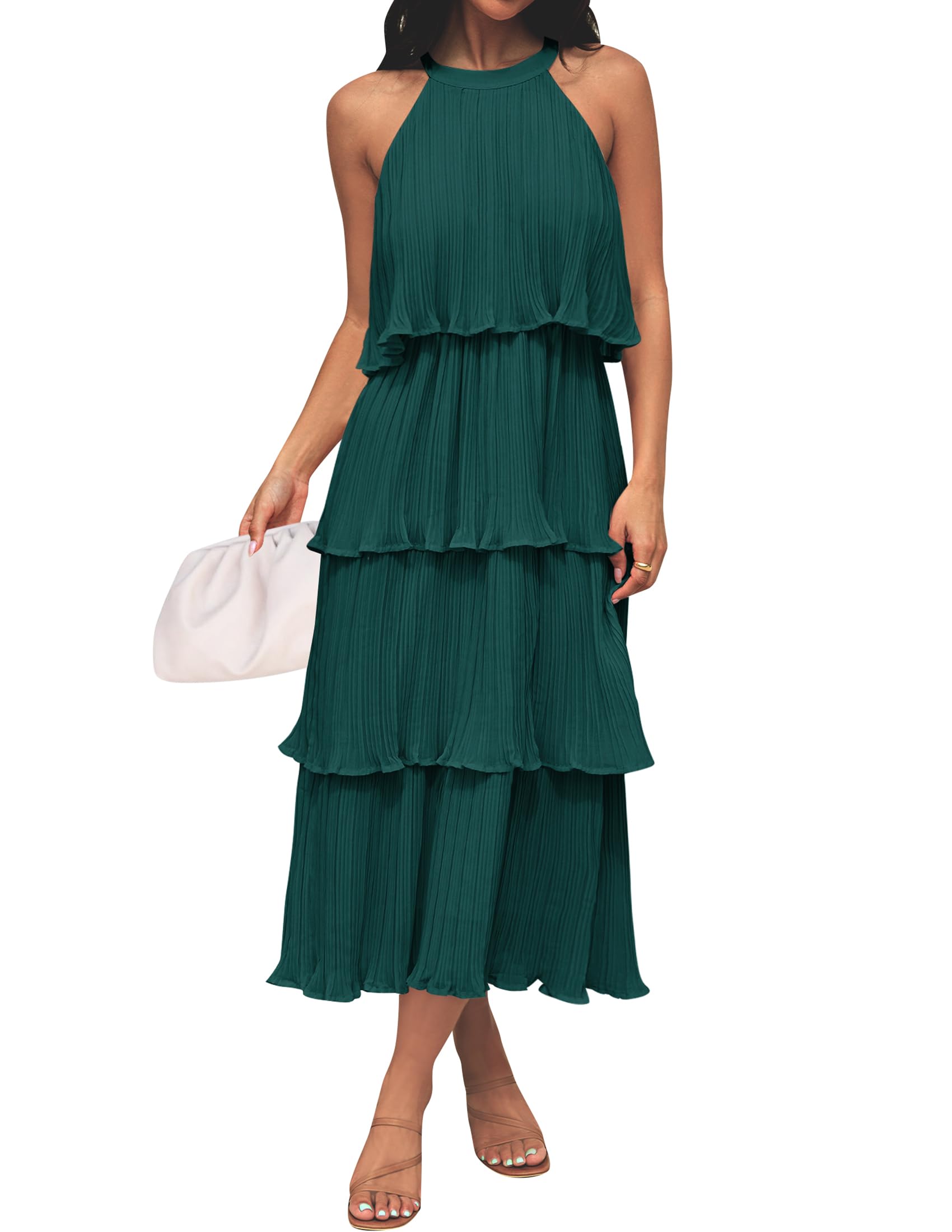 ZESICA Women's 2025 Summer Sleeveless Halter Neck Ruffle Tiered Chiffon Midi Dress - Flowy Swing Long Dress for Beach Vacation, Wedding Guest & Date Night