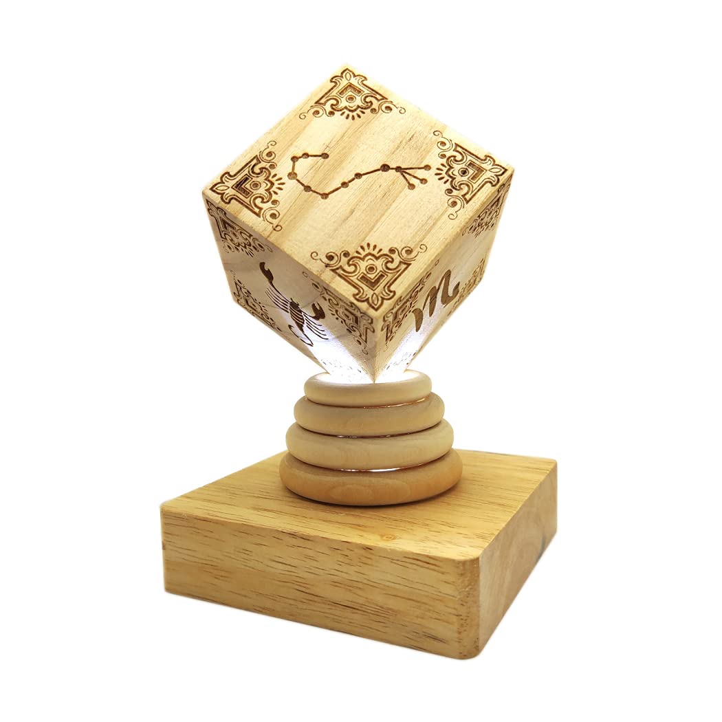 Handmade Wooden Desk Lamp with Zodiac Scorpio Carving - LED Night Light for Home Office Decor, Study, Bedroom, and Gift Giving