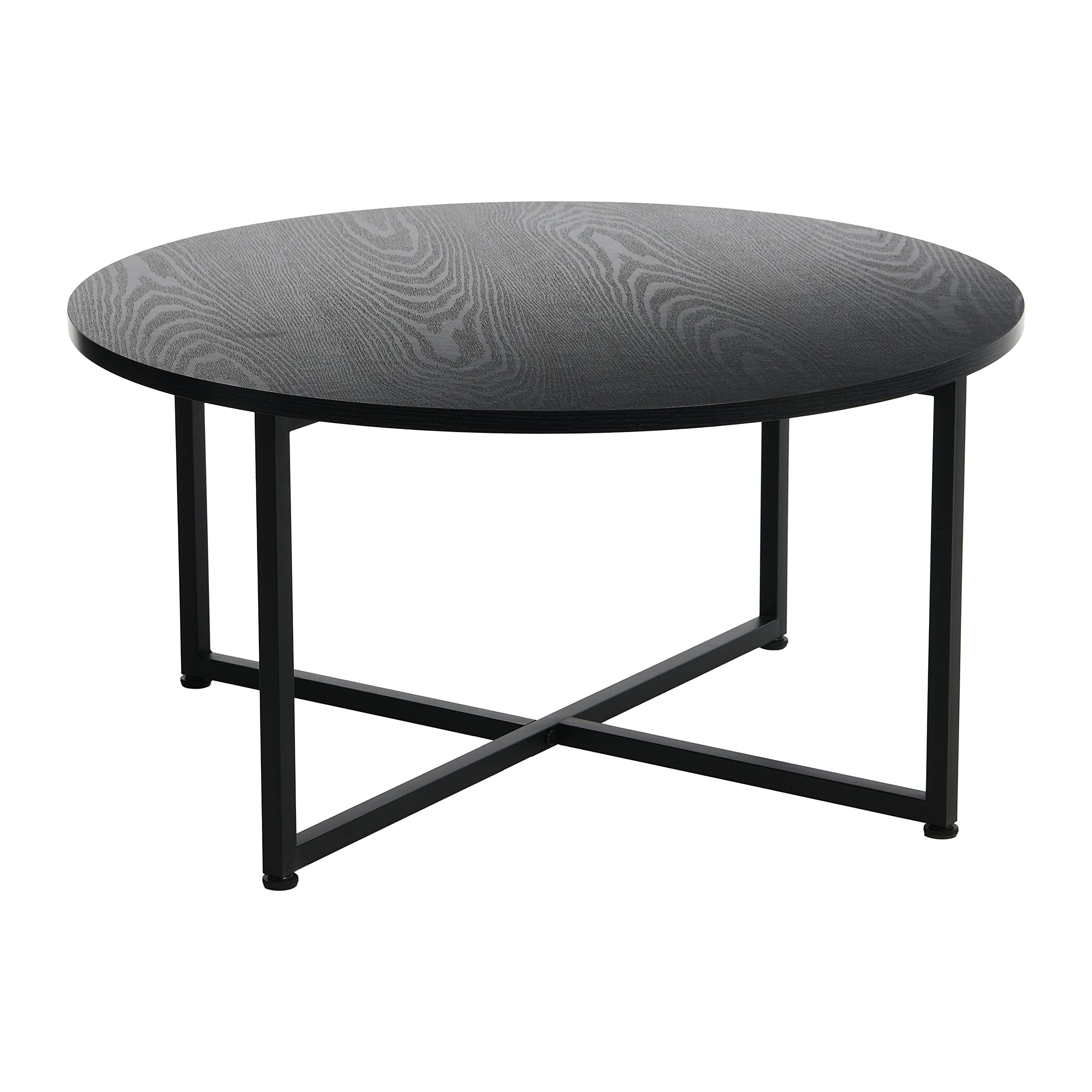 Black Oak Round Coffee Table - Metal & Wood Grain for Living Room