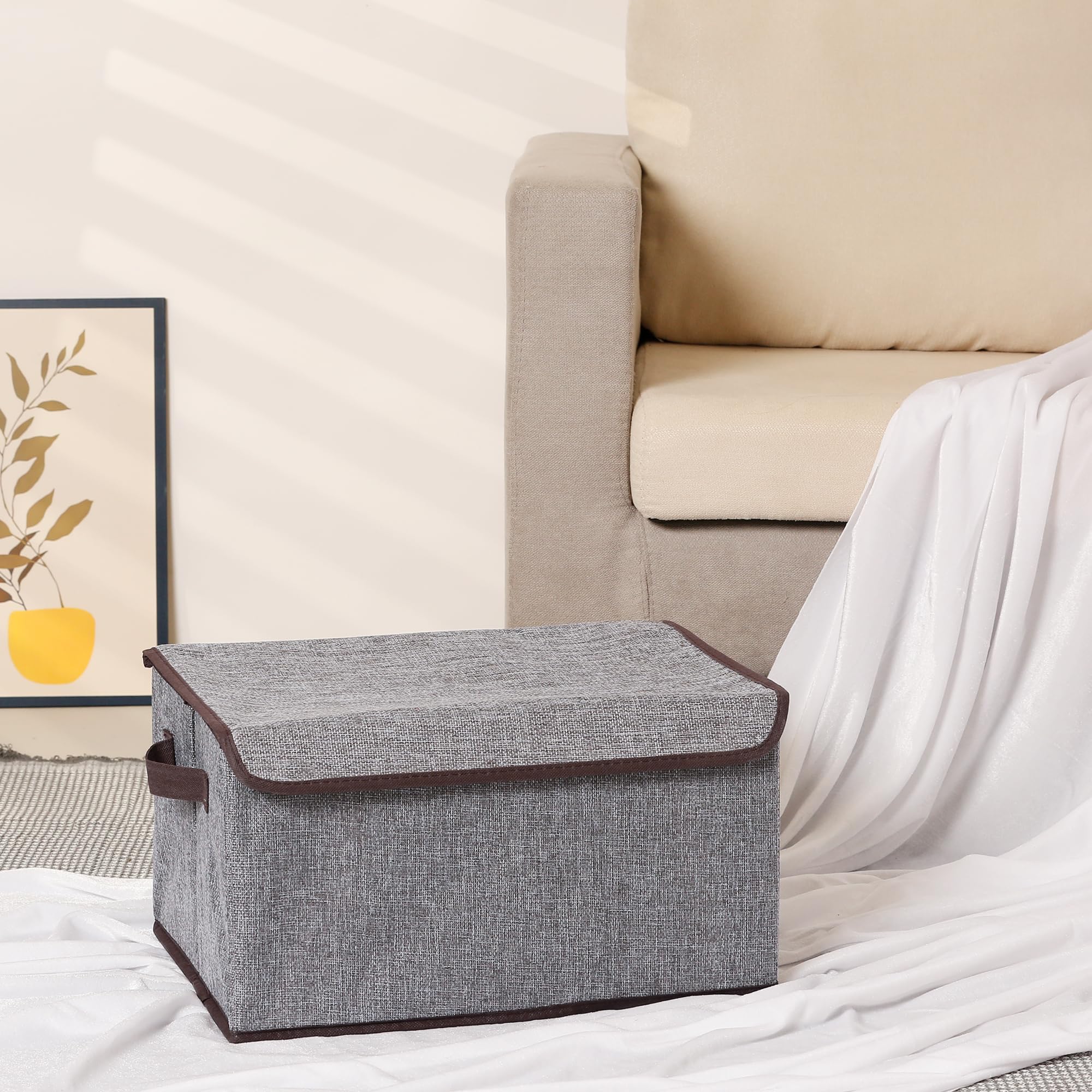 Fabric Storage Bin Cube with Handles & Lid - 15.7x11.8x8.7 Inch Collapsible Organizer Basket for Closet, Shelves, Clothes, Books - Grey - Perfect for Bedroom, Nursery, Office & Home Organization
