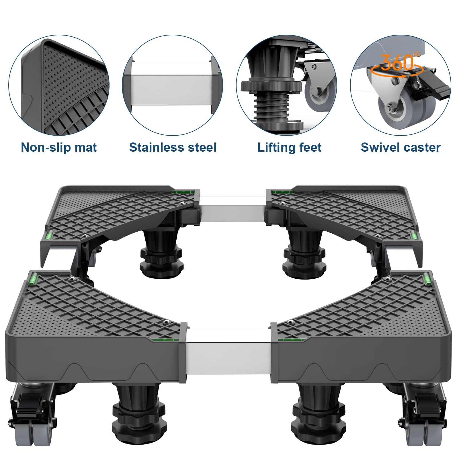 Upgradeable Fridge Stand Mobile Base with 8 Locking Wheels & 4 Sturdy Feet - 27.5” to 35.4” Adjustable Furniture Dolly for Washer, Dryer, Washing Machine, Refrigerator Stand - Heavy Duty Appliance Mover (Black) - Perfect for Laundry Room, Kitchen & Home Appliance Mobility