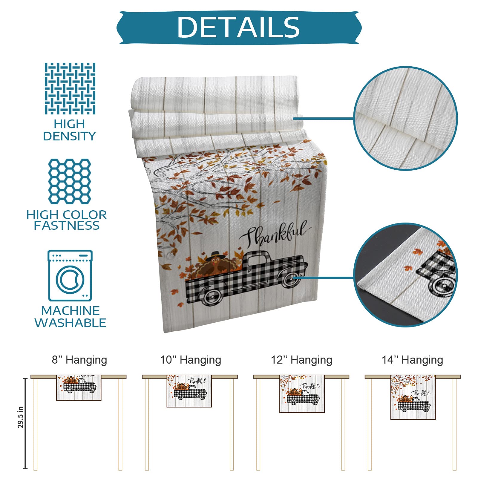 Savannan Burlap Thanksgiving Table Set - 6 Rustic Plaid Placemats & 1 Farmhouse Table Runner for Holiday Decor (Black/Tan Turkey Maple Leaf Design) - Perfect for Fall Gatherings, Dinner Parties & Autumn Home Decoration