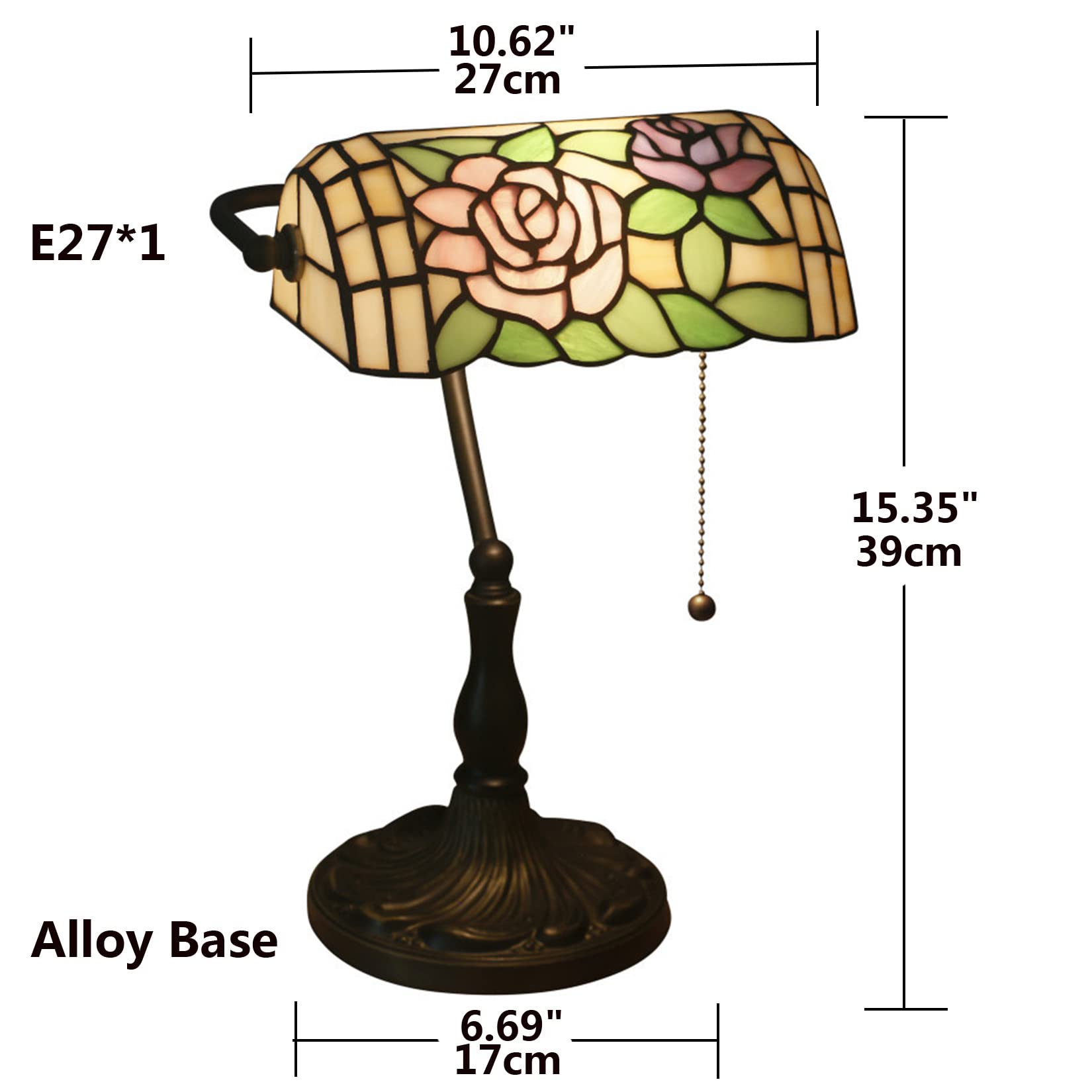 Tiffany Style Bankers Lamp - Stained Glass Desk Lamp with Warm Yellow Glass Shade & Antique Zinc Base - Perfect for Home Office, Living Room, Study or Bedside Table Lighting