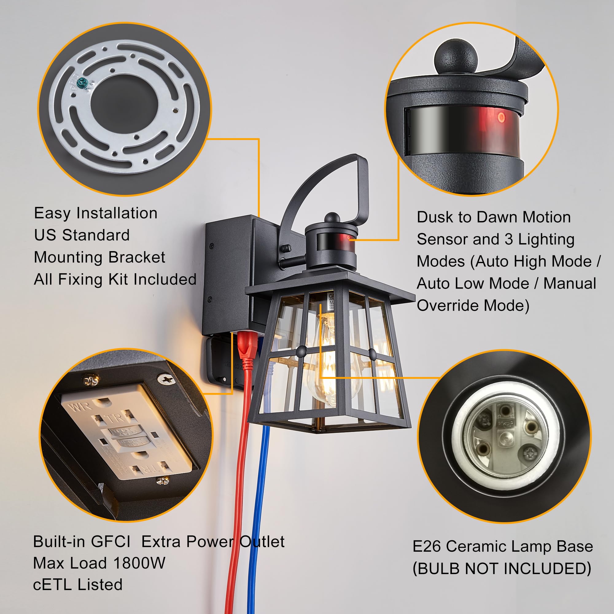 Dusk to Dawn Outdoor Wall Light with GFCI Outlet - 3 Lighting Modes, Waterproof & Anti-Rust Exterior Sconce - Perfect for Front Door, Patio, Garage, and Entryway Lighting