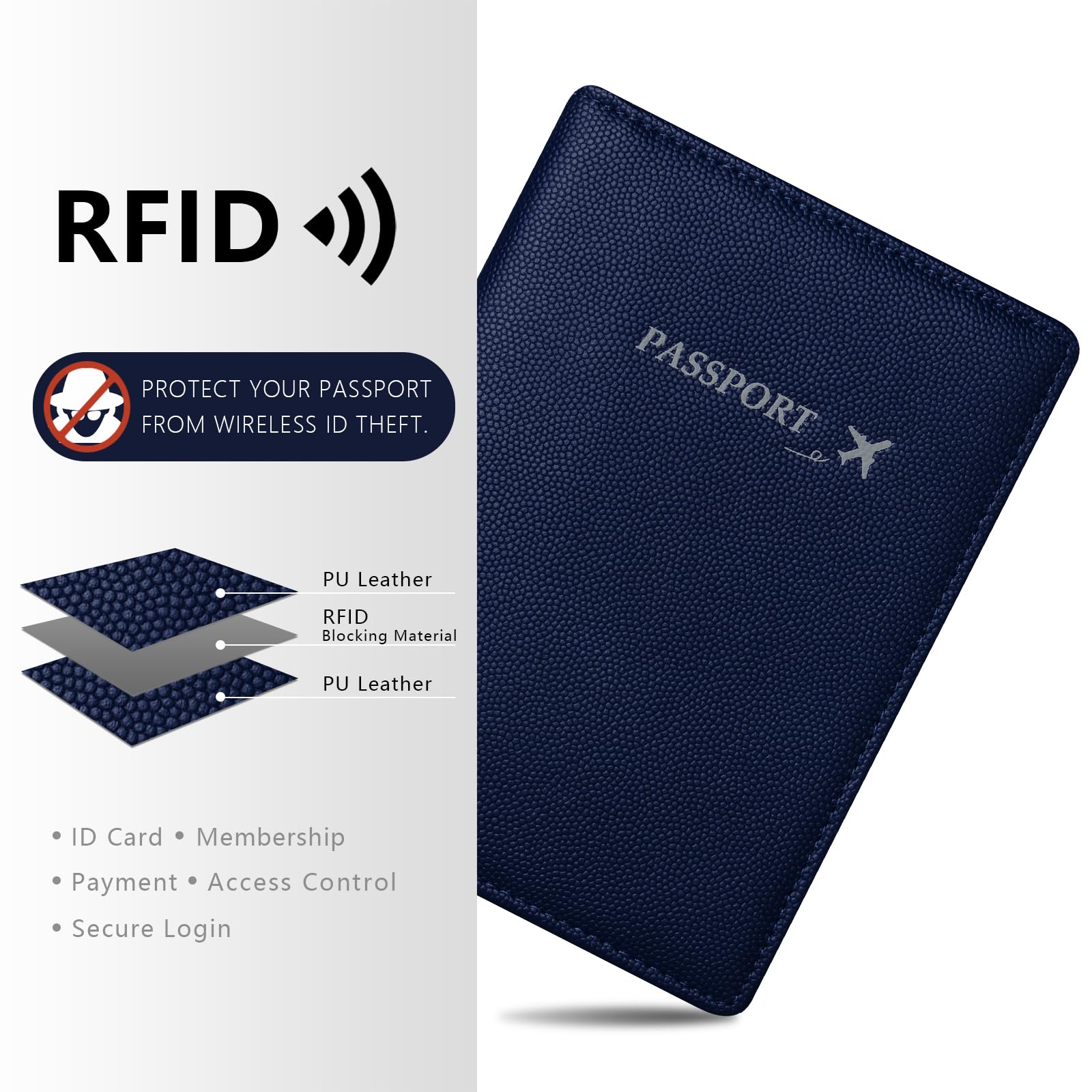 Genuine Leather RFID Blocking Passport Holder for Men - Ultra Slim Travel Wallet with Vaccine Card Slot - Perfect Gift for Dad, Father's Day, Business Travel & Vacations (Blue)