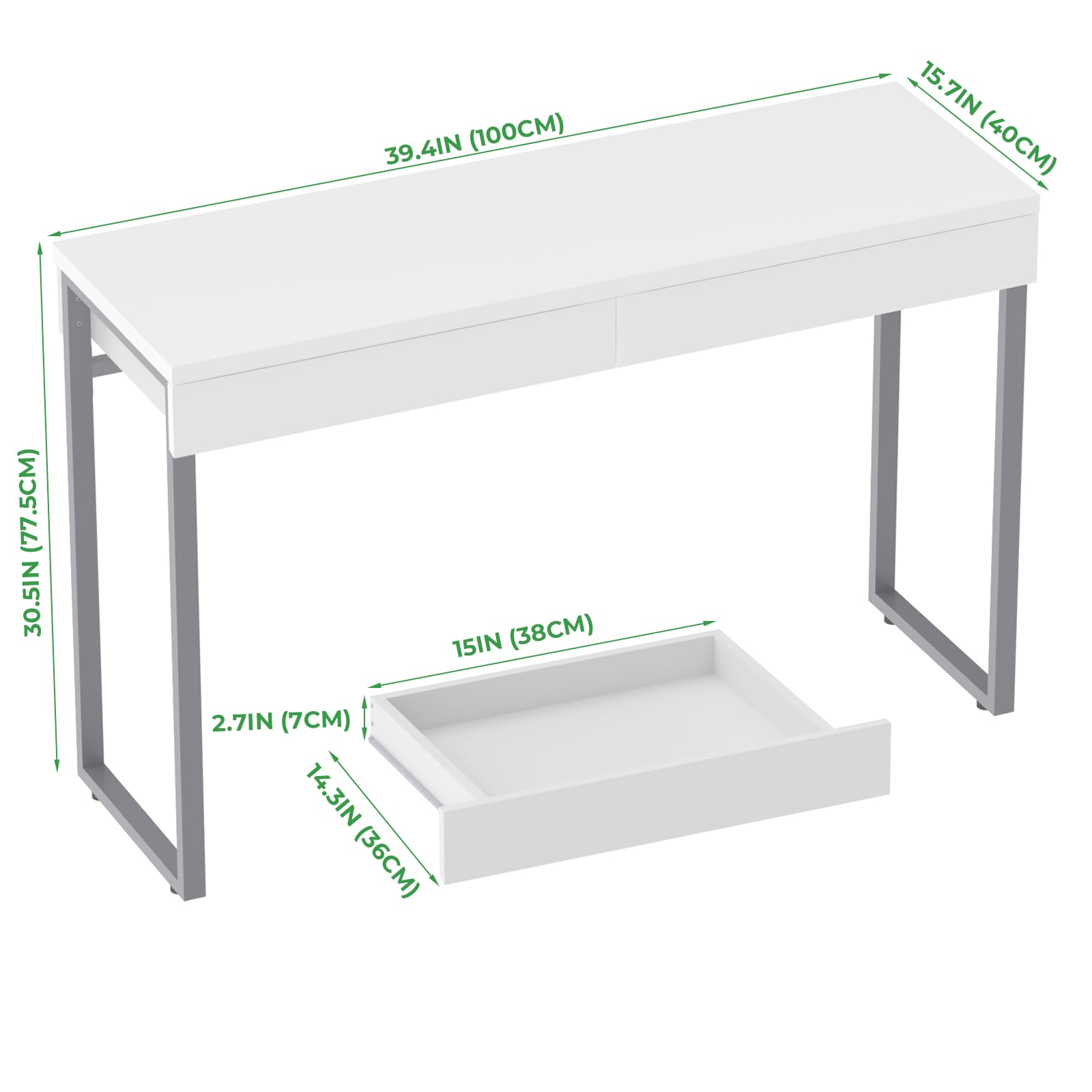 GreenForest Vanity Desk with 2 Drawers - 39 Inch Glossy White Makeup Table with Storage Space for Bedroom, Home Office & Dressing Area - Perfect for Cosmetics Organization and Workspace Setup