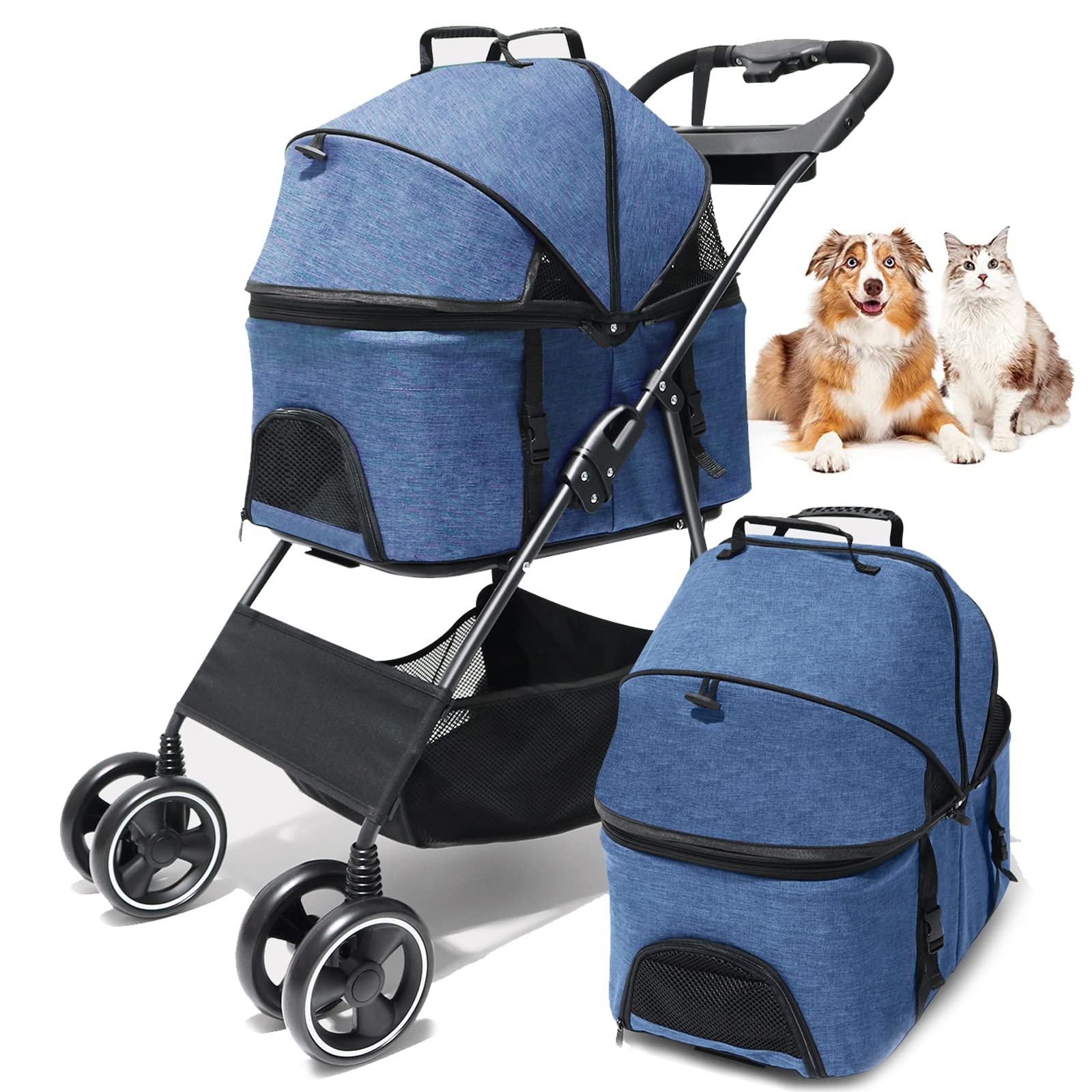 3-in-1 Foldable Dog Stroller for Small & Medium Dogs & Cats - Detachable Travel Carrier with 4 Wheels, Storage Basket & Mesh Windows - Perfect for Outdoor Walks, Vet Visits & Travel Adventures