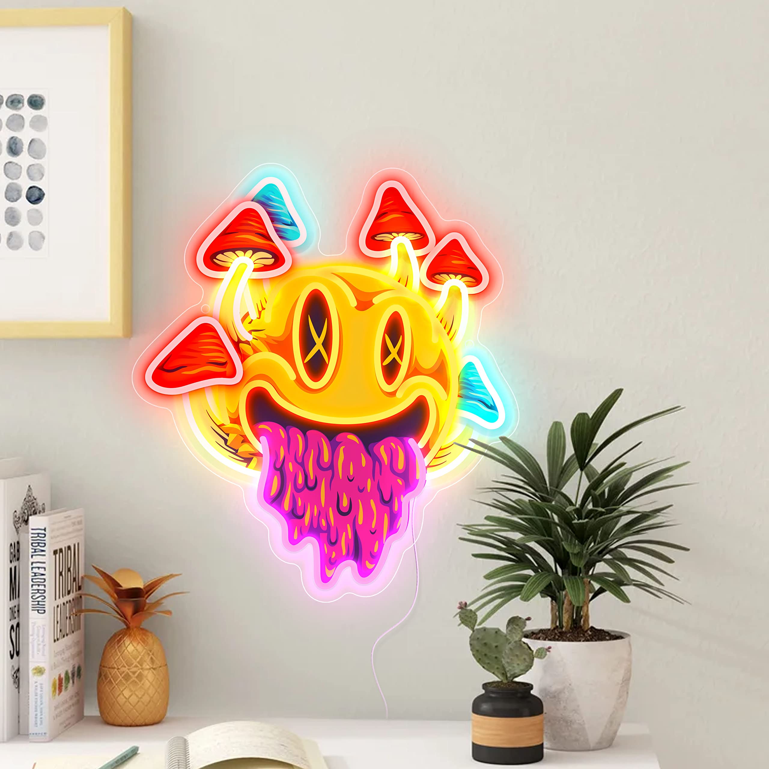 GGK Smiling Mushroom Neon Sign - Unique Trippy Mushroom Wall Decor, Aesthetic Room Lighting for Halloween Parties, Bedroom, Bar, Game Room & Man Cave - Perfect for Psychedelic Themed Spaces & Gift Ideas