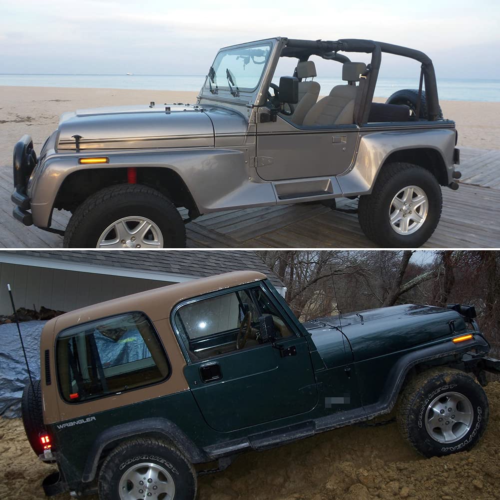 1987-1995 Jeep Wrangler YJ Full Amber LED Light Kit with Black Smoked Lens - Front Bumper & Passenger Side Marker Lamp Replacement for Off-Road & Night Driving