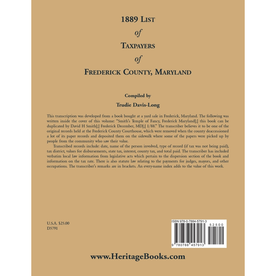 1889 Frederick County Maryland Taxpayers List - Genealogy & Historical Research for Ancestry & Family History