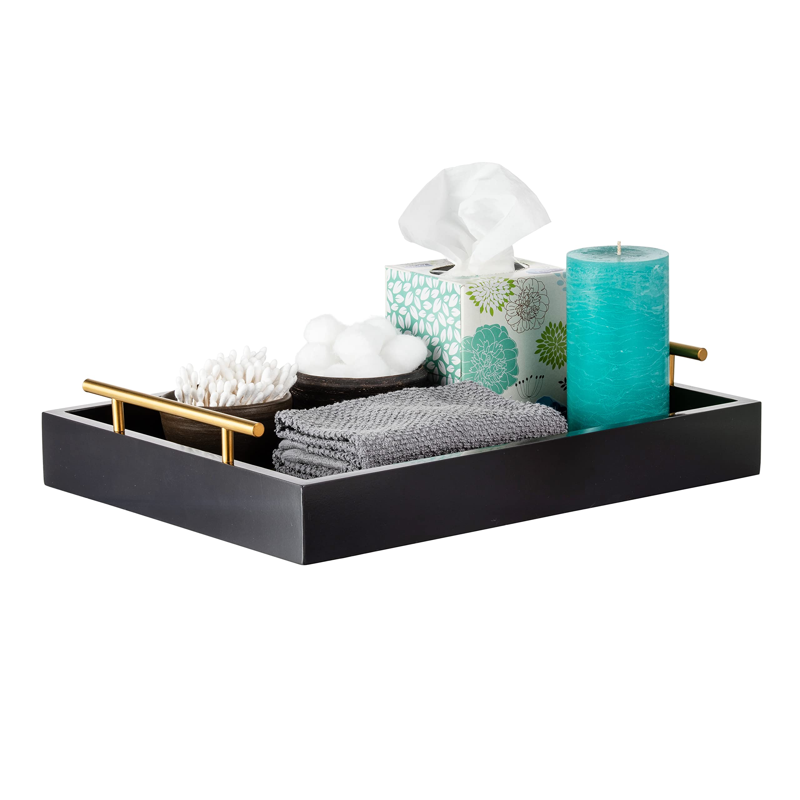 Premium Black Wooden Serving Tray with Metal Handles - 16