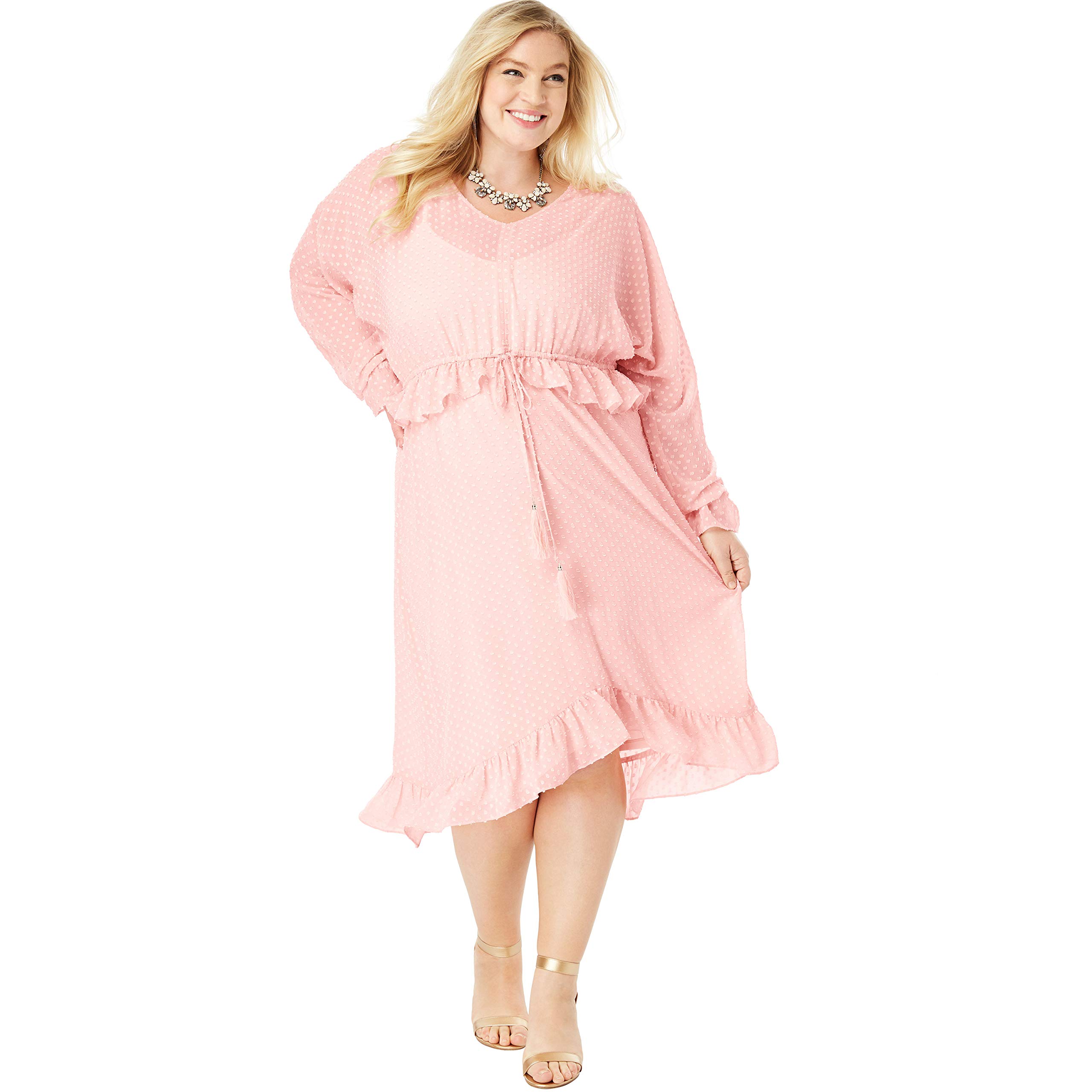 Roaman's Women's Plus Size Ruffle Drawstring Dress with Tassels - Flowy Casual Summer Maxi Dress for Beach, Party & Vacation