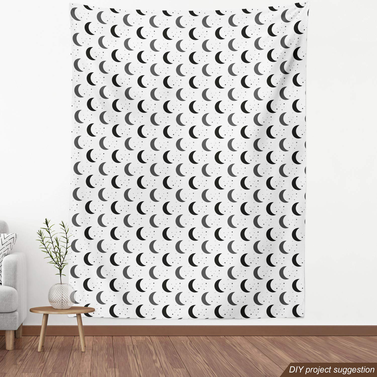 Ambesonne Moon and Stars Fabric by The Yard - Dark Grey & White Boho Space Themed Decorative Fabric for Upholstery, Curtains, DIY Home Decor (10 Yards) - Perfect for Bedroom, Living Room & Bohemian Style Interiors