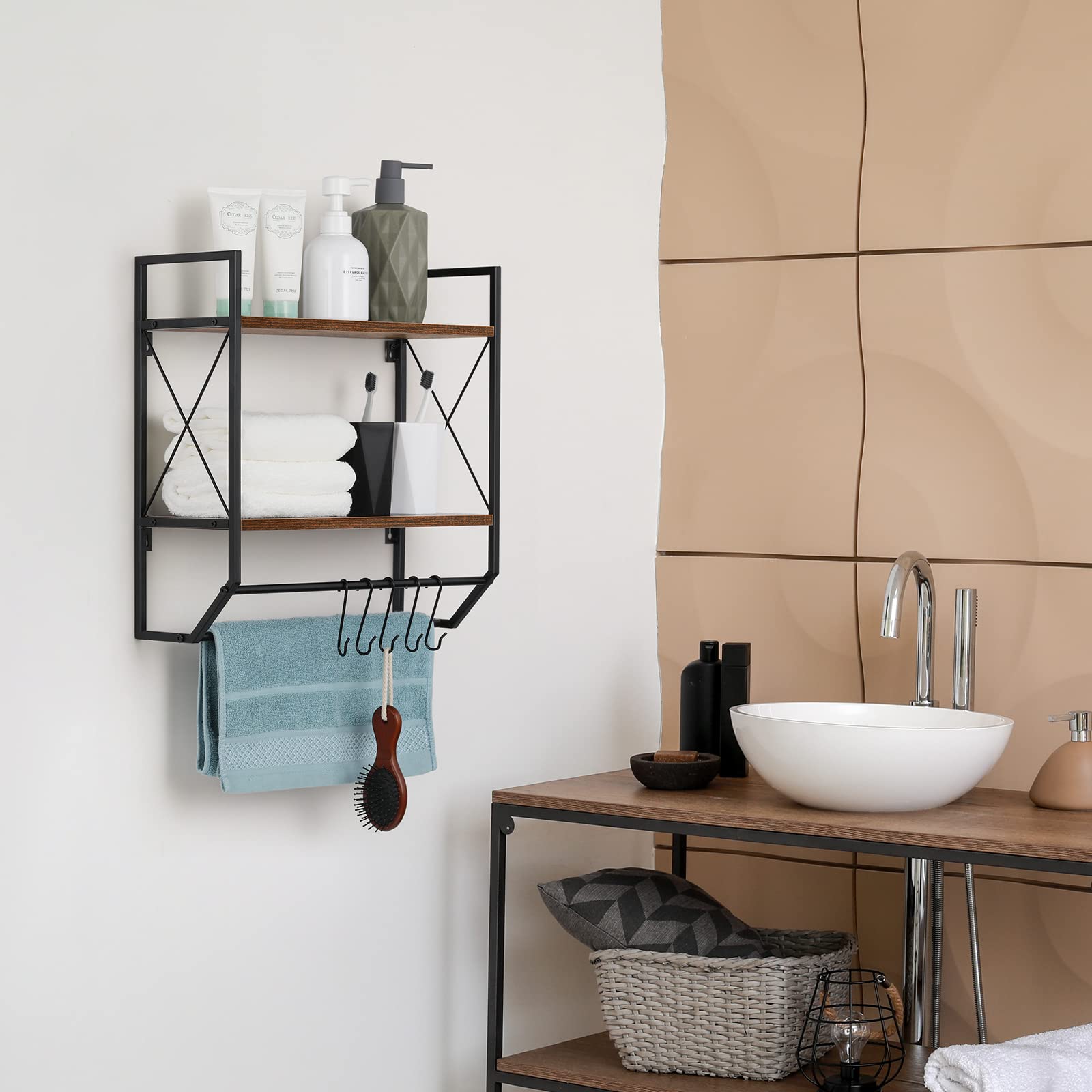 2-Tier Rustic Brown Wall Mounted Bathroom Towel Rack with Shelf & Hooks - Over Toilet Storage Solution for Towels, Decor & Essentials - Perfect for Small Bathrooms, Powder Rooms & Apartment Living