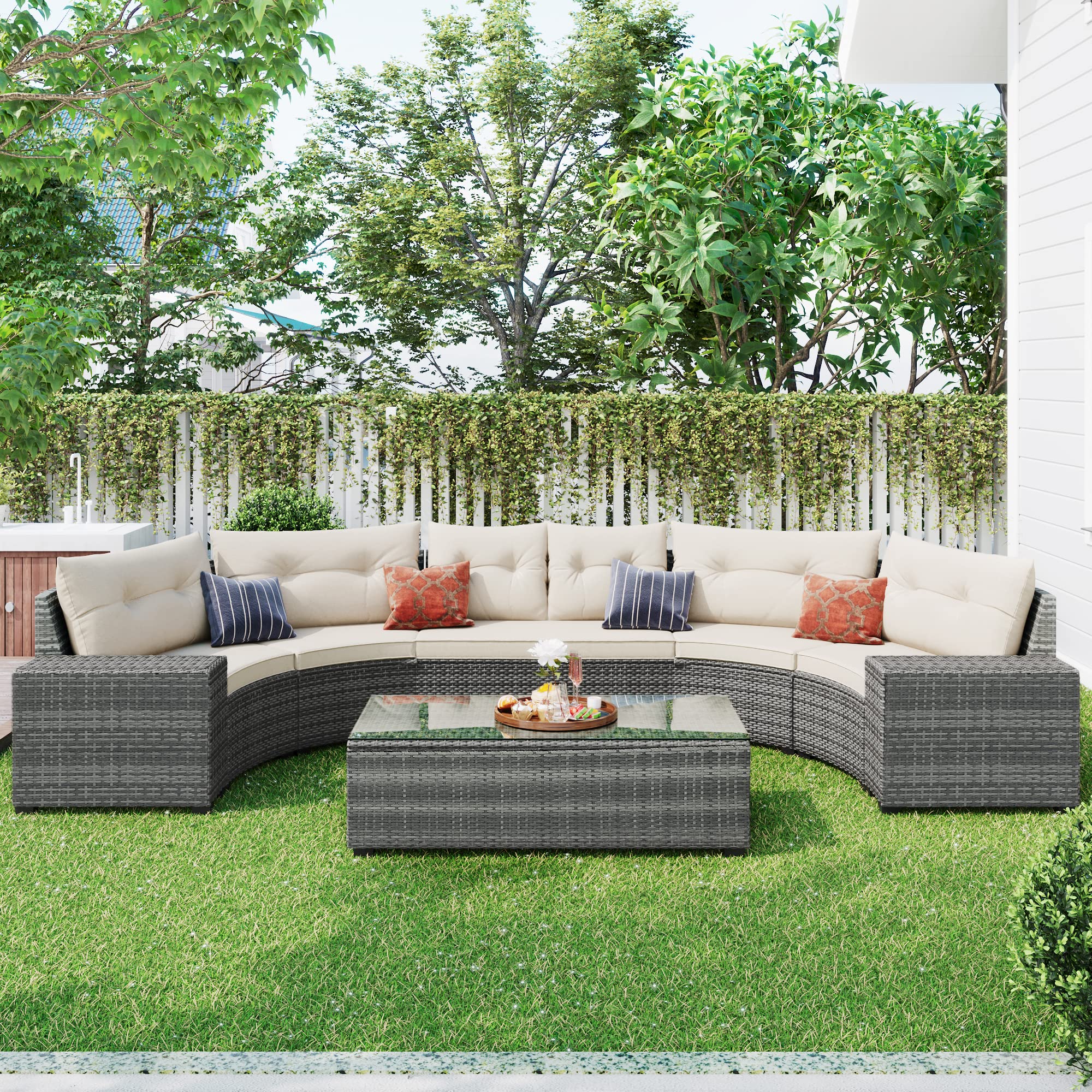 BNSPLY 8-Piece Patio Half-Moon Sectional Furniture Set - Beige Wicker Outdoor Curved Sofa with Glass Coffee Table, Side Tables & Cushions - Perfect for Garden, Poolside, and Backyard Relaxation