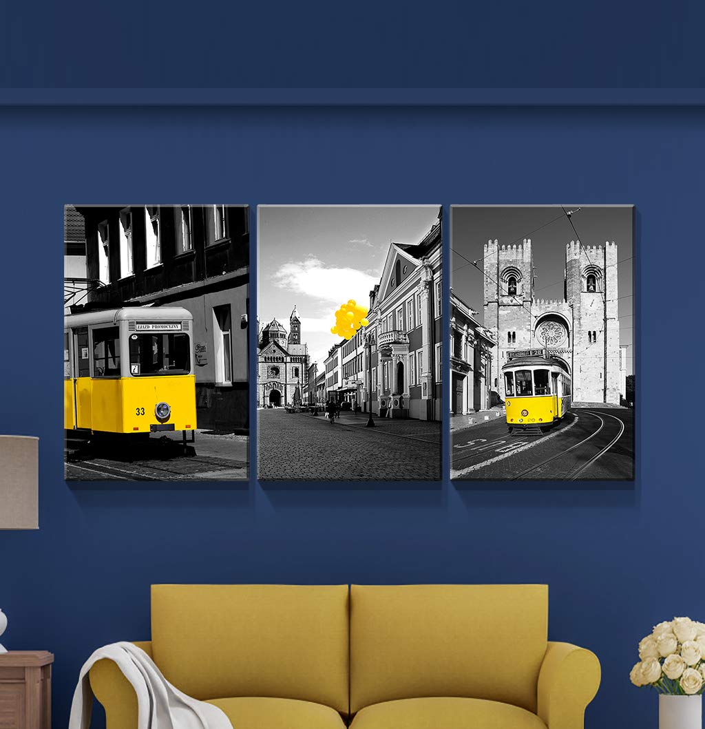 Denozer - 3 Panel Modern Black and White Urban Canvas Wall Art - Stretched & Framed Ready to Hang - 16x24 Inches - Home Decor for Living Room, Bedroom & Office