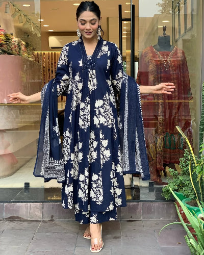 Navy Blue Cotton V-Neck Anarkali Suit Set for Women | Elegant Indian Ethnic Dress for Parties, Weddings & Festivals | Comfortable & Stylish Traditional Outfit