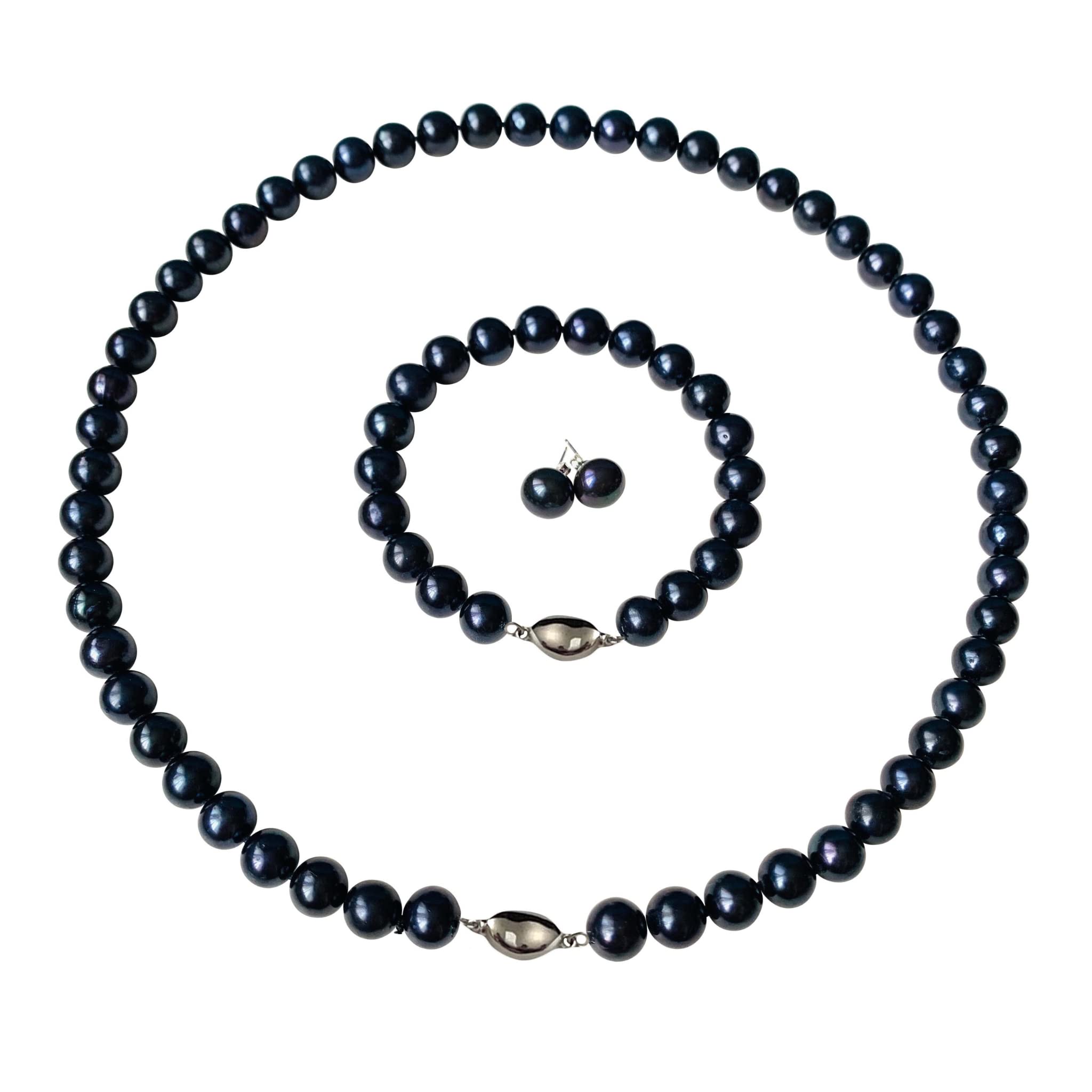 Black Pearl Jewelry Set for Women - Round Cultured Freshwater Pearl Necklace, Bracelet & Stud Earrings 3-Piece Gift Set | Elegant Christmas Present, Wedding Accessories & Formal Occasion Wear