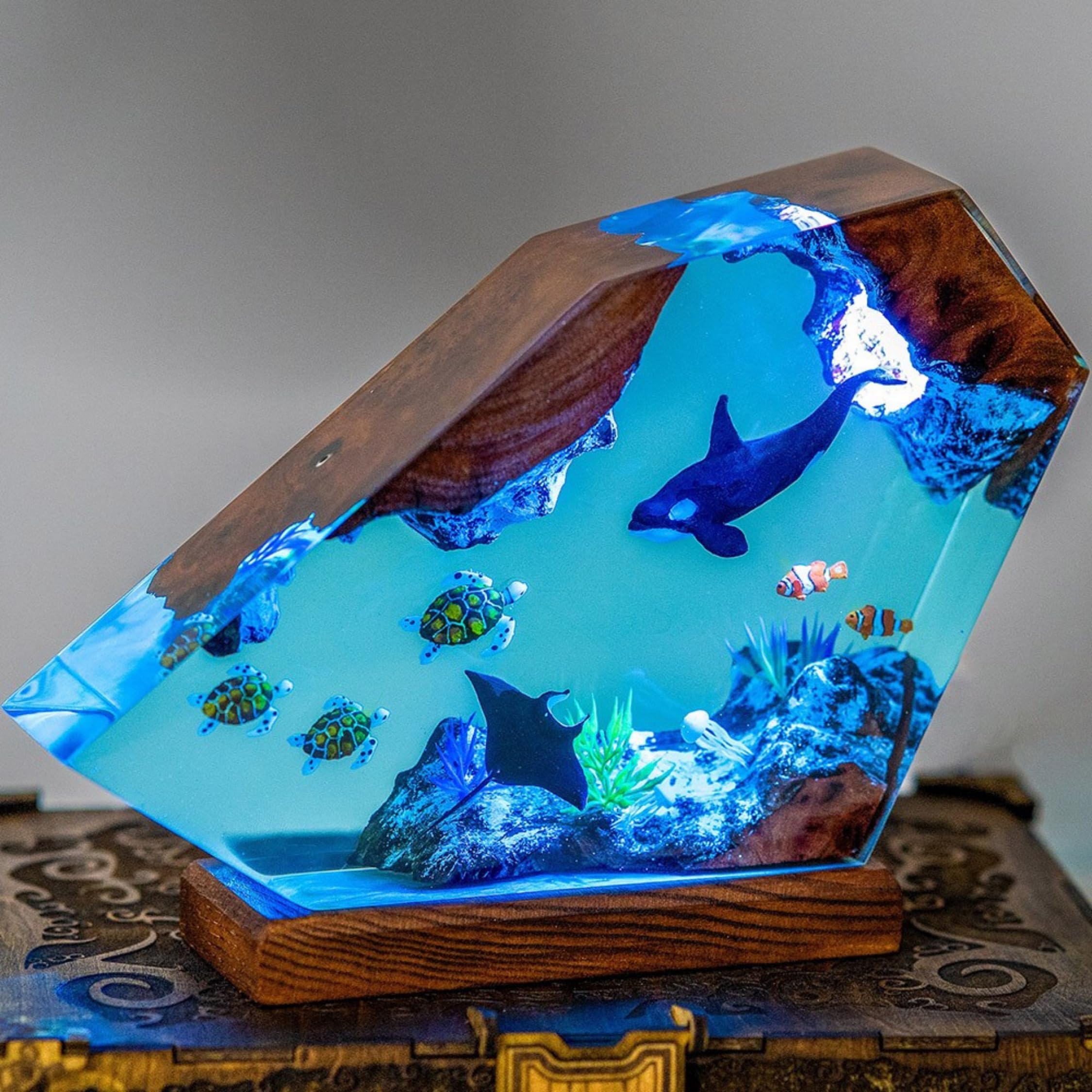 Orca & Turtle Resin Night Light - 4x6 Inch Ocean Themed Wood Lamp with Diver Diorama | Perfect Gift for Marine Lovers, Kids Room Decor & Bedside Lighting