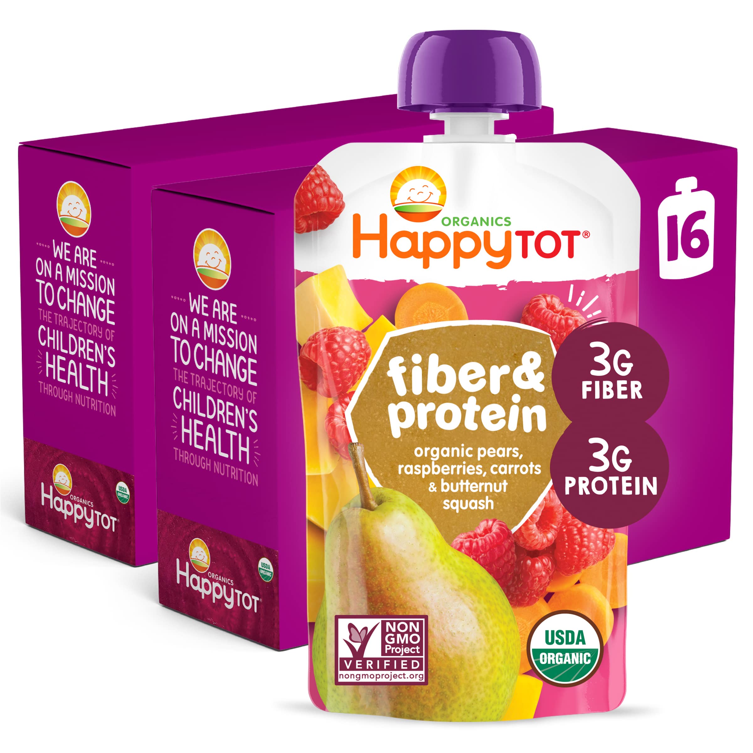 Happy Tot Organics Stage 4 Baby Food Pouches - Gluten Free, Vegan Snacks with Fiber & Protein | Fruit & Veggie Puree Blend (Pears, Raspberries, Butternut Squash & Carrots) | 4 Ounce Pouch Pack of 16 | Perfect for On-the-Go Meals, Daycare Lunches & Healthy Toddler Snacking