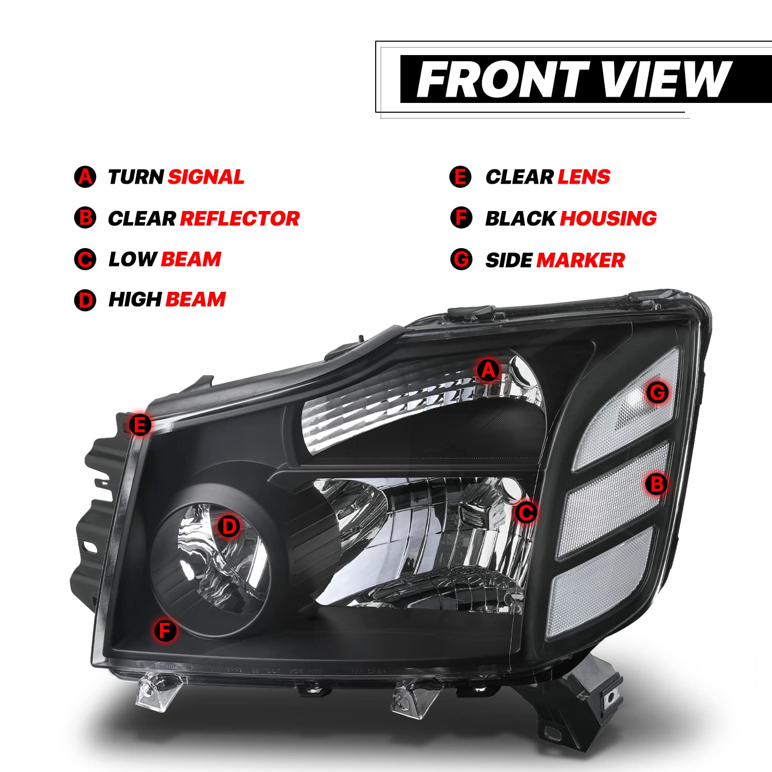 M-AUTO Black Housing Clear Side Headlight Assembly Set - Compatible with 2004-2015 Nissan Titan & 2004-2007 Armada - Driver & Passenger Side Replacement - OE Style Headlamps for Night Driving and Off-Road Use
