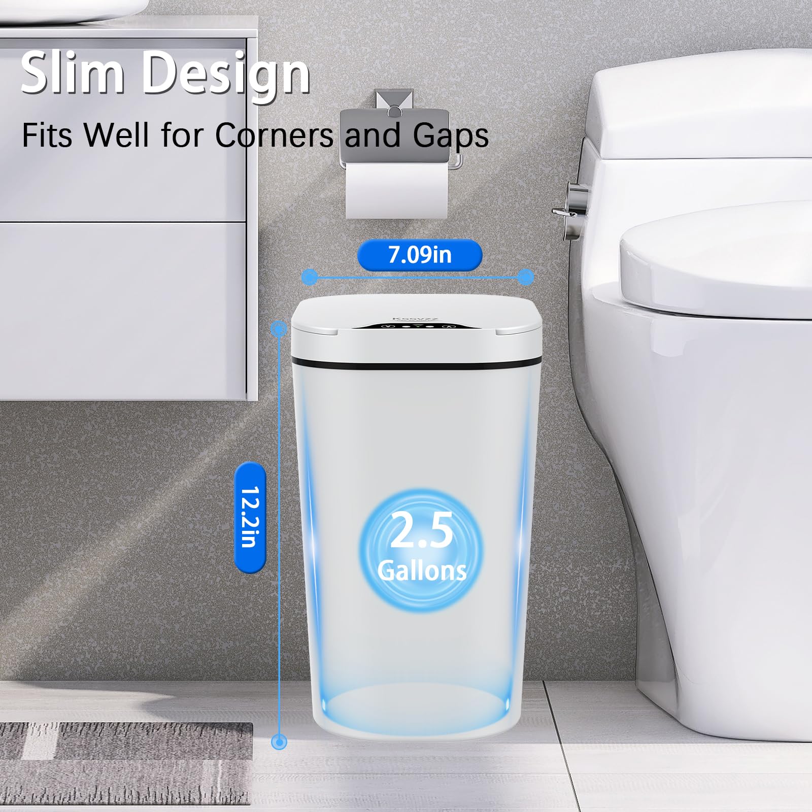 2 Pack Automatic Motion Sensor Trash Can with Lid - 2.5 Gallon Touchless Electric Garbage Bin, Slim Waterproof Waste Basket for Bathroom, Bedroom, Office & Kitchen (White) | Hands-Free Convenience for Hygiene & Small Spaces