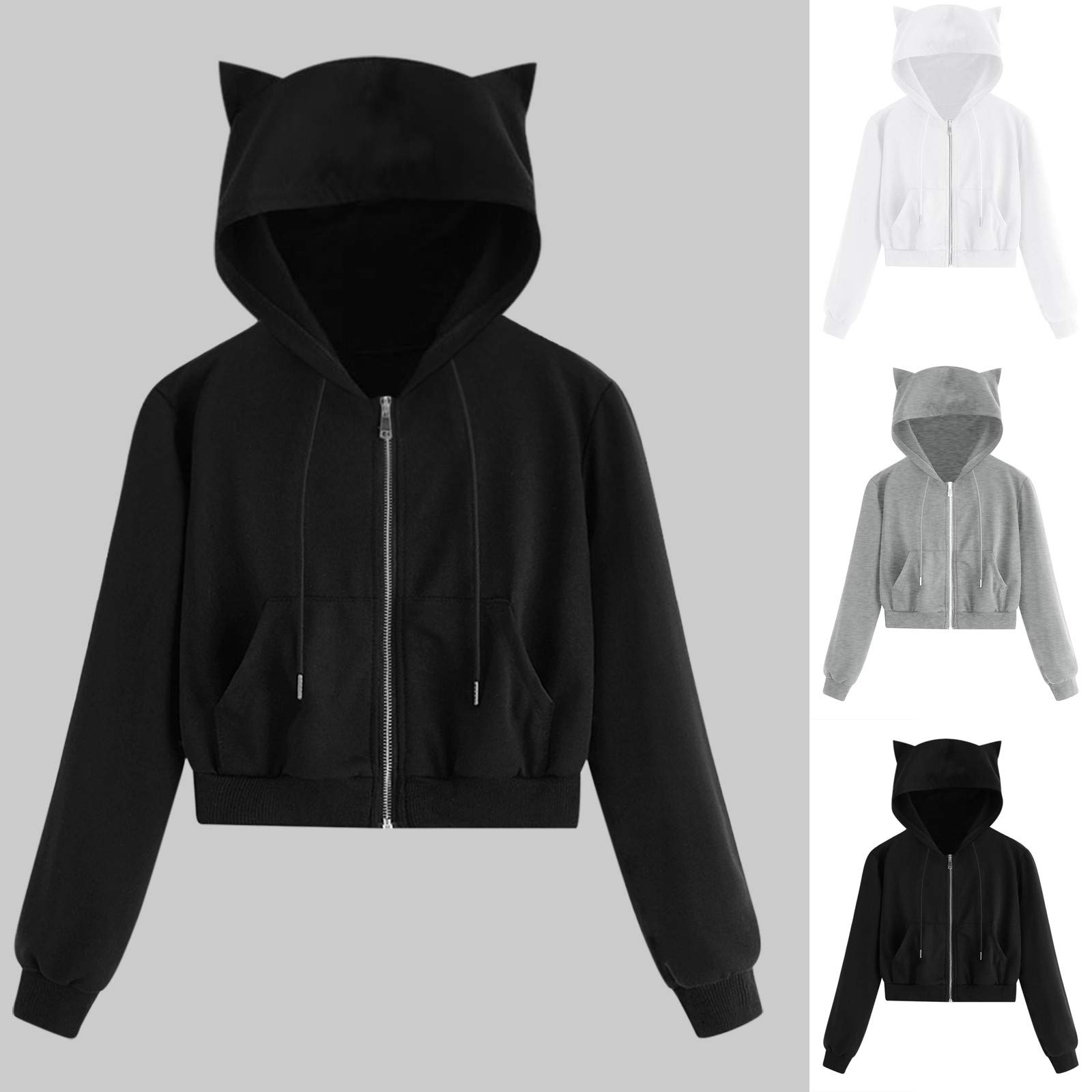 Black Zip Up Crop Hoodie for Teens & Women - COOKI Basic Long Sleeve Pullover Sweatshirt | Perfect for Casual Wear, School, and Street Fashion