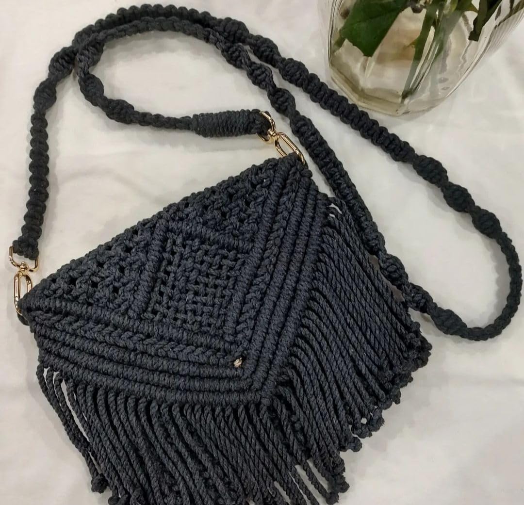 Handmade Macrame Shoulder Bag for Women - Boho Style Crossbody Purse with Adjustable Strap - 23cm x 23cm Black Handbag - Perfect for Beach, Festival & Everyday Use