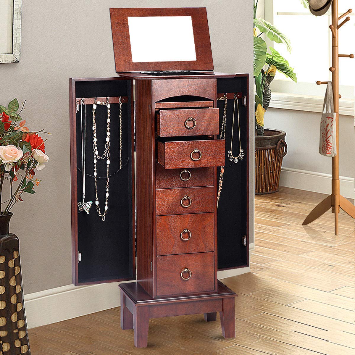 Wooden Jewelry Cabinet Armoire - Storage Organizer with Drawers for Necklaces, Rings & Accessories | Perfect for Bedroom, Closet & Vanity Organization