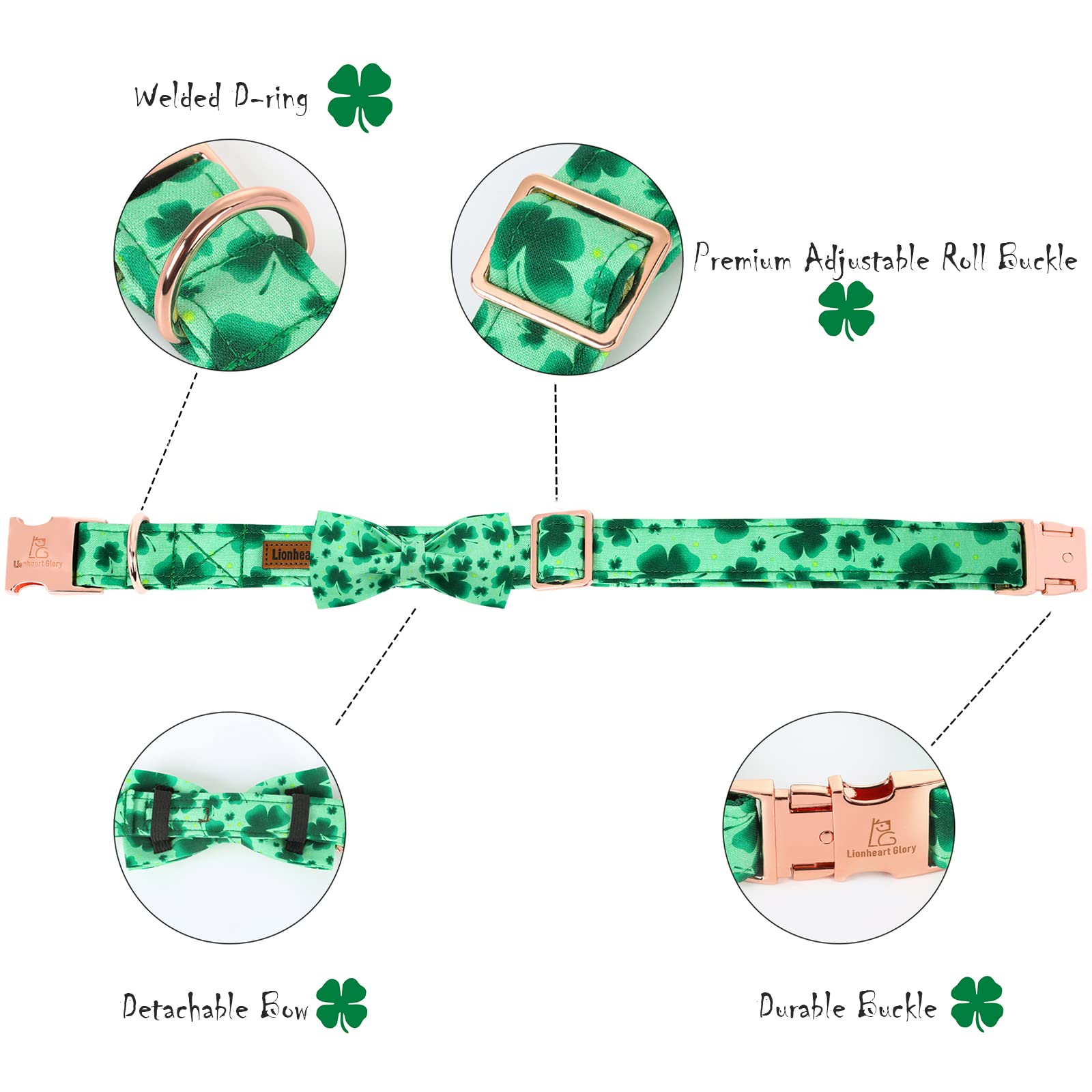 Lionheart Glory Clover Dog Collar - Adjustable Pet Collar with Bow Tie for Small Dogs | Soft & Stylish Dog Accessories for Gifts, Daily Walks & Special Occasions