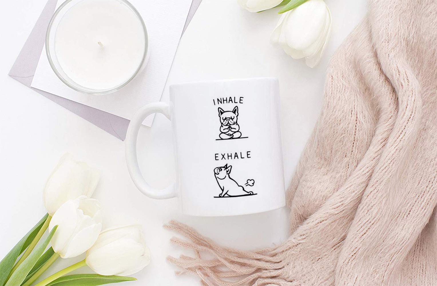 Funny Ceramic White Coffee Mug with Cute Yoga Pug Design - 11 oz Microwave & Dishwasher Safe Cup - Perfect for Yoga Lovers, Office Use & Gift Giving - Inhale Exhale Inspirational Quote